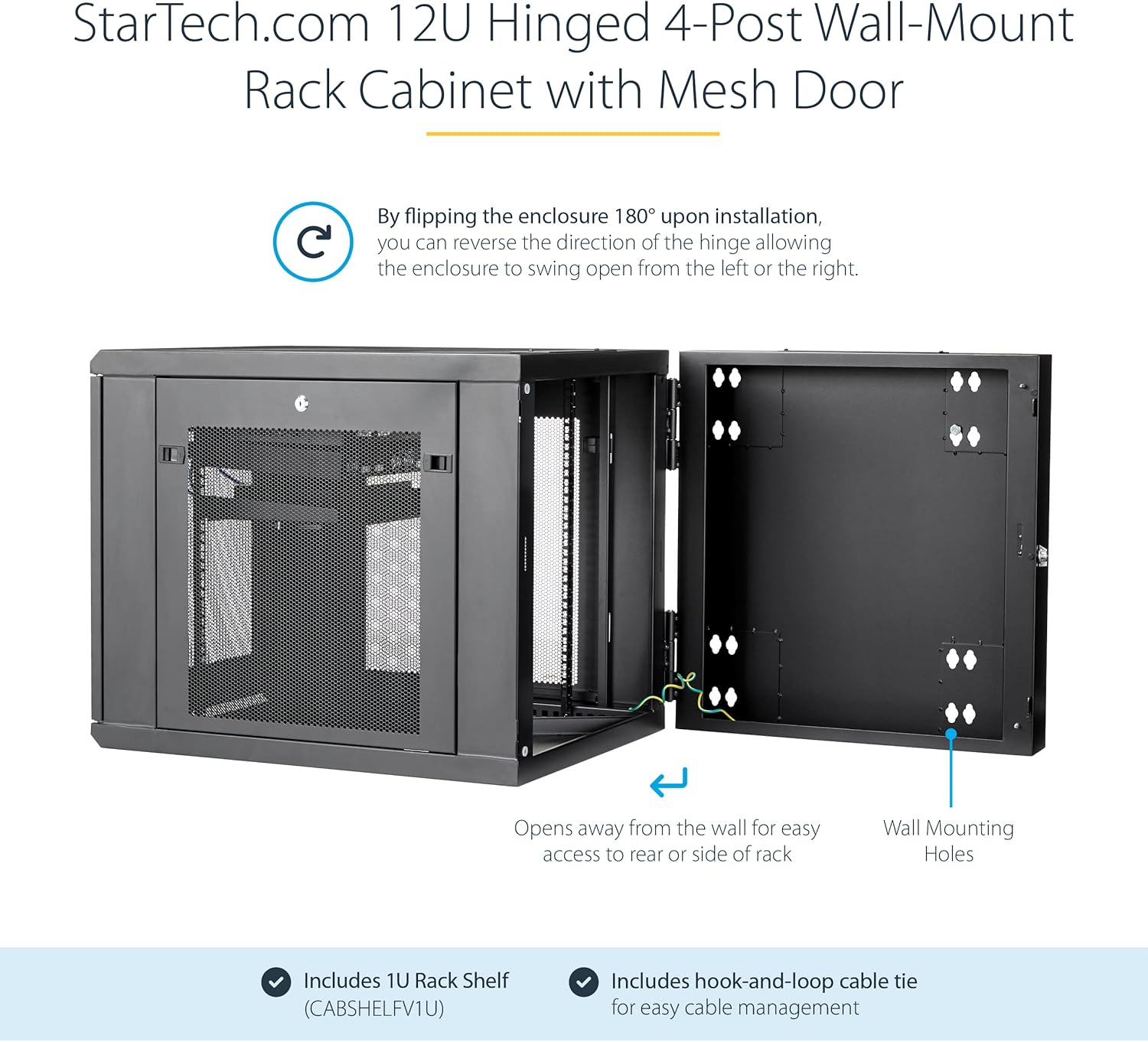 StarTech.com 4-Post 12U Wall Mount Network Cabinet w/ 1U Shelf, 19