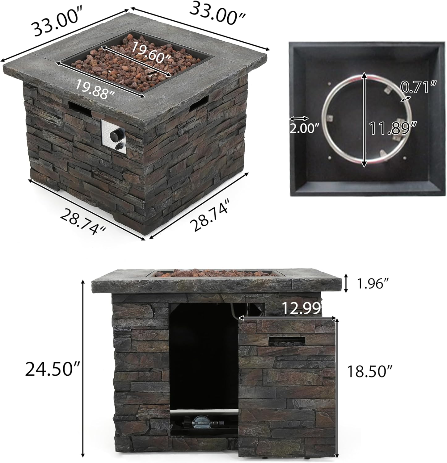 35 Inch Square Propane Fire Pit CSA-Listed Outdoor Fire Pit Table, 40,000 BTU, Add Warmth and Ambience to Parties On Patio Deck Garden, Grey