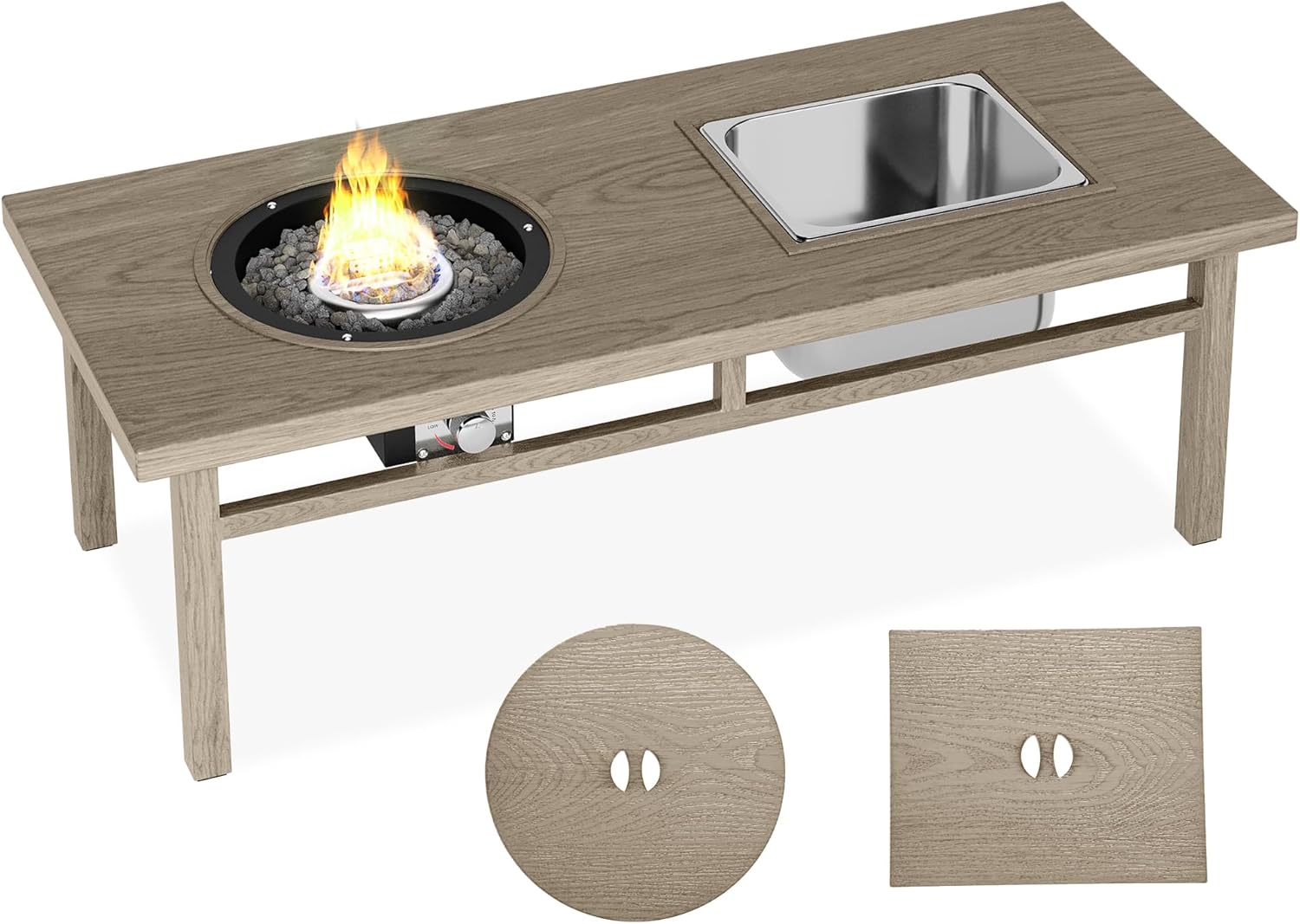 Kaimei 3-in-1 Aluminum Patio Coffee Table with Ice Bucket and Fire Pit - Beige for 6-8 People