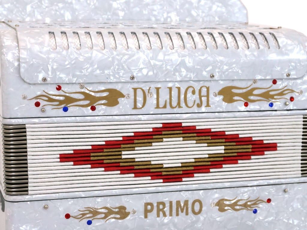 D'Luca D3112-GCF-WH Primo Button Accordion 31 Keys 12 Bass on GCF Key with Case and Straps, White