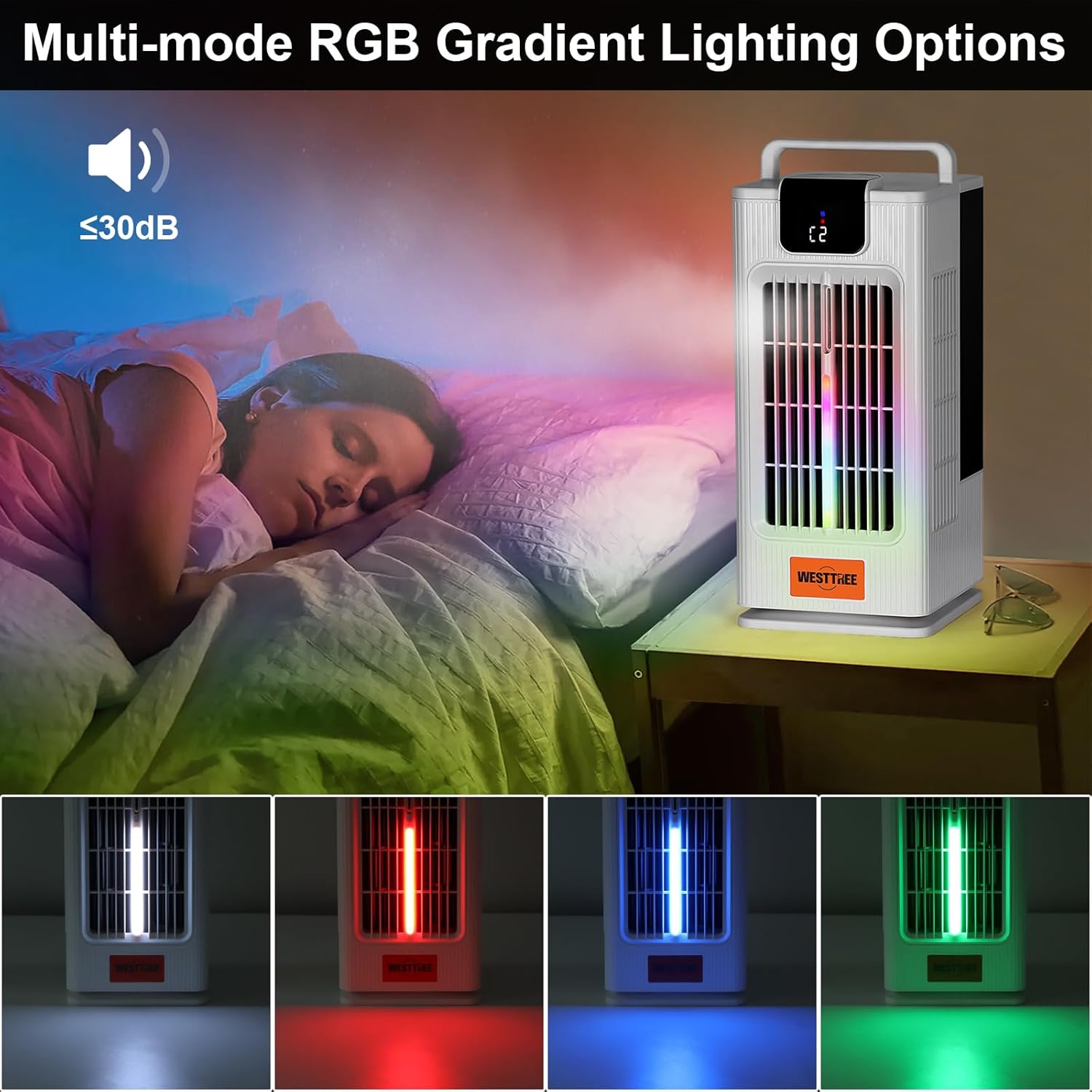 Desk Tower Fan Air Conditioner Misting Fan,120°Oscillating Air Conditioner,3 Level Humidify & 4 Speeds, 7 RGB Color Night Lights,Desk Portable Air Conditioners for Bedroom Home -F10 White