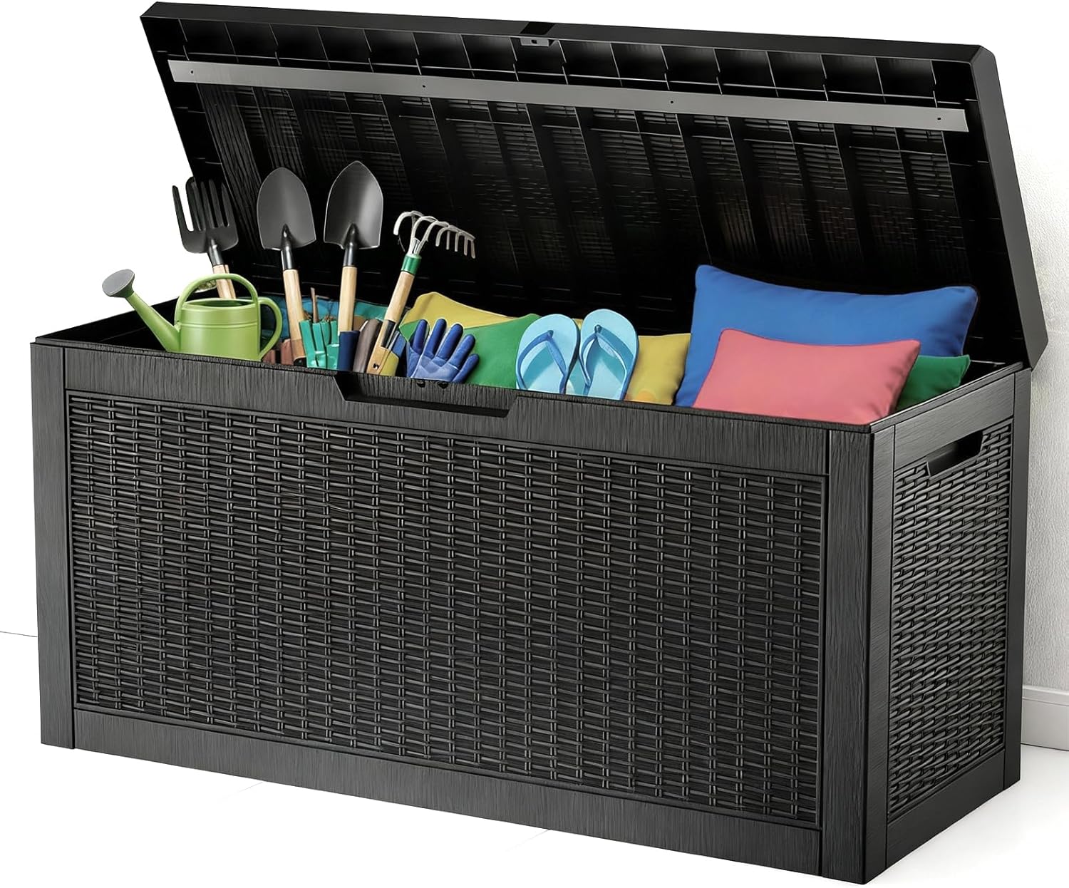 Zapdos Outdoor Storage Box, 60 Gallon Deck Box Indoor and Outdoor Use, Waterproof Resin Rattan Storage Bin for Package Storage Patio Cushions Gardening Tools, Fade Resistant, Lockable, Black