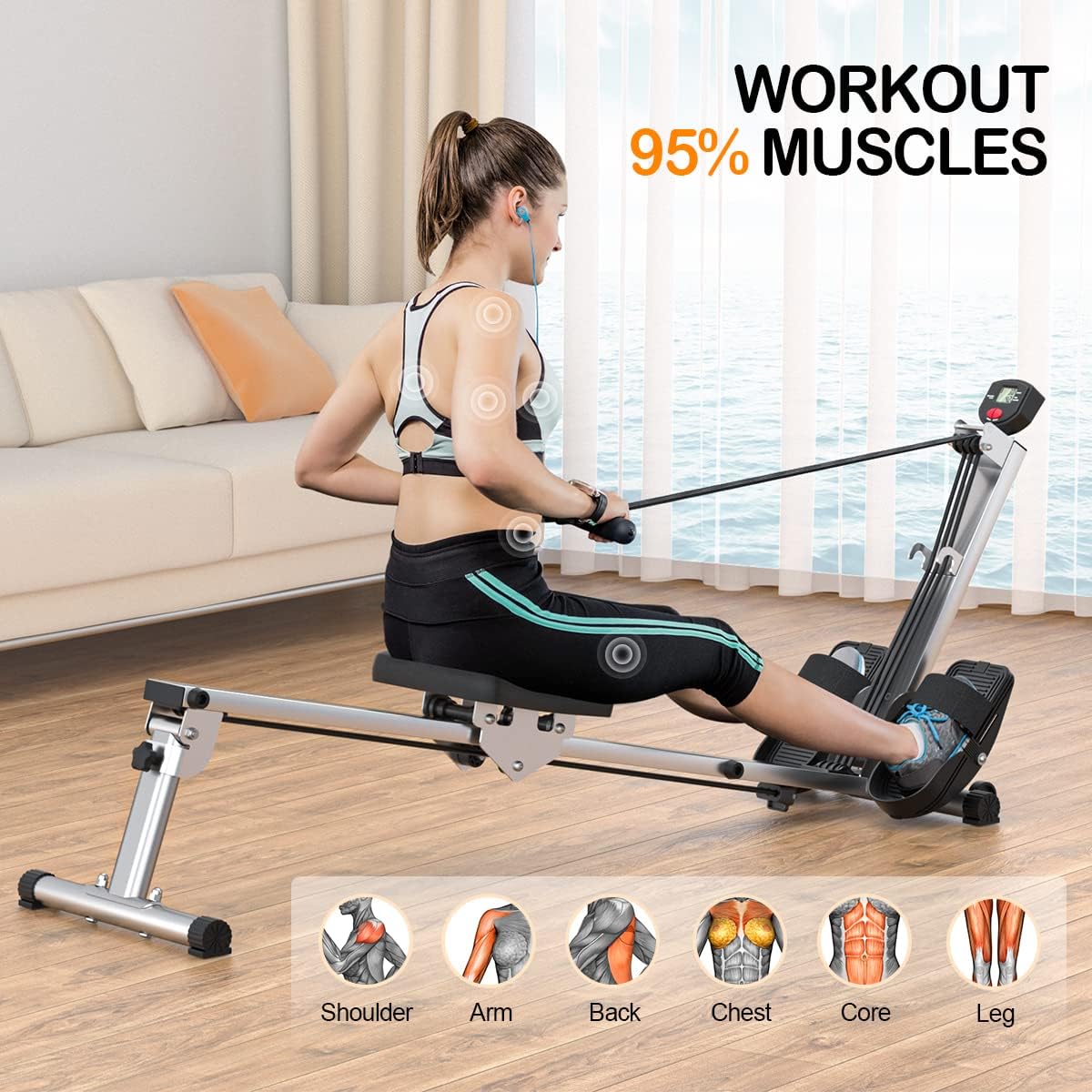 Compact Rowing Machine for Home Use, Magnetic Resistance Foldable Rower for Full Body Workout, Space Saving Design with LCD Display