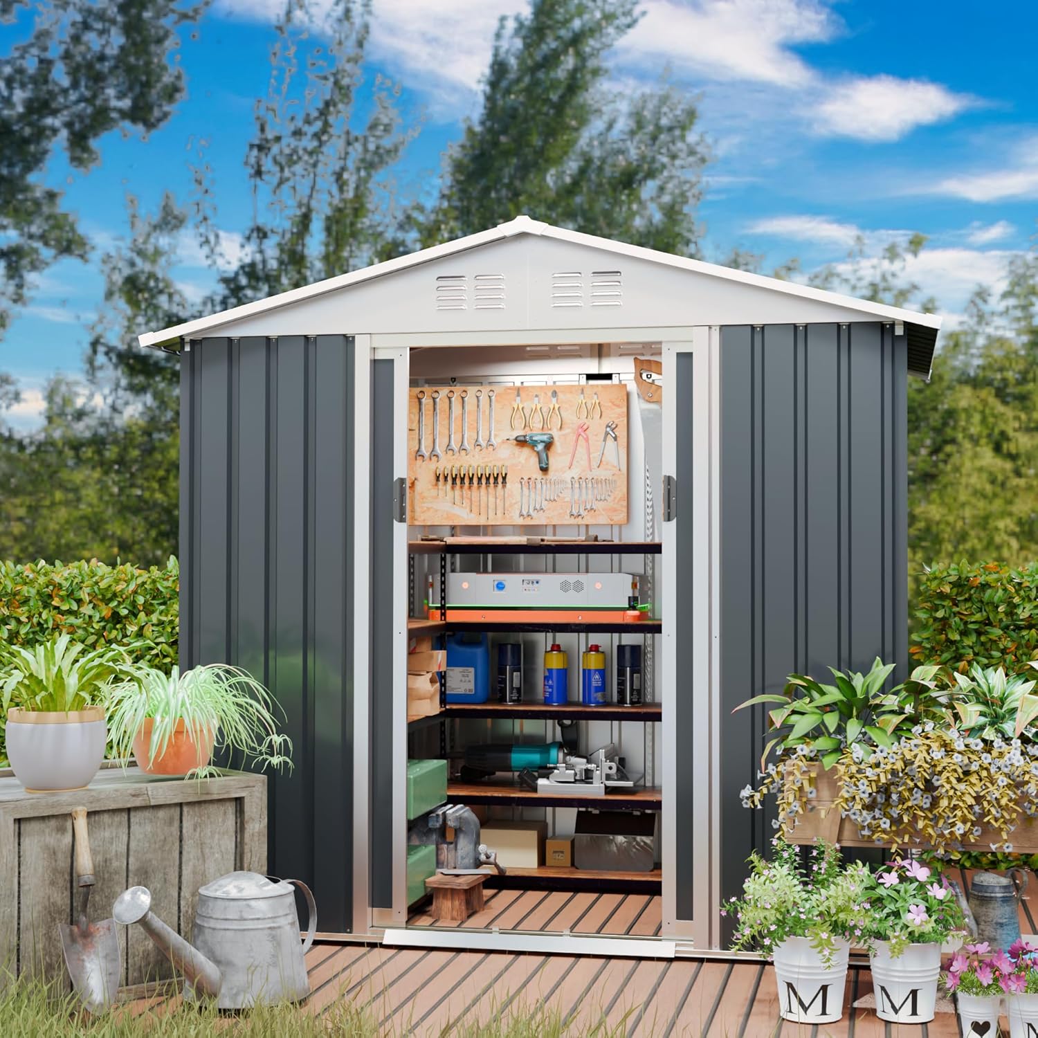 Outdoor Sheds 6FT x 4FT Outdoor Storage, Metal Anti-Corrosion Utility Tool House with Lockable Door & Shutter Vents，Outdoor Waterproof Garden Tool Metal Storage Sheds
