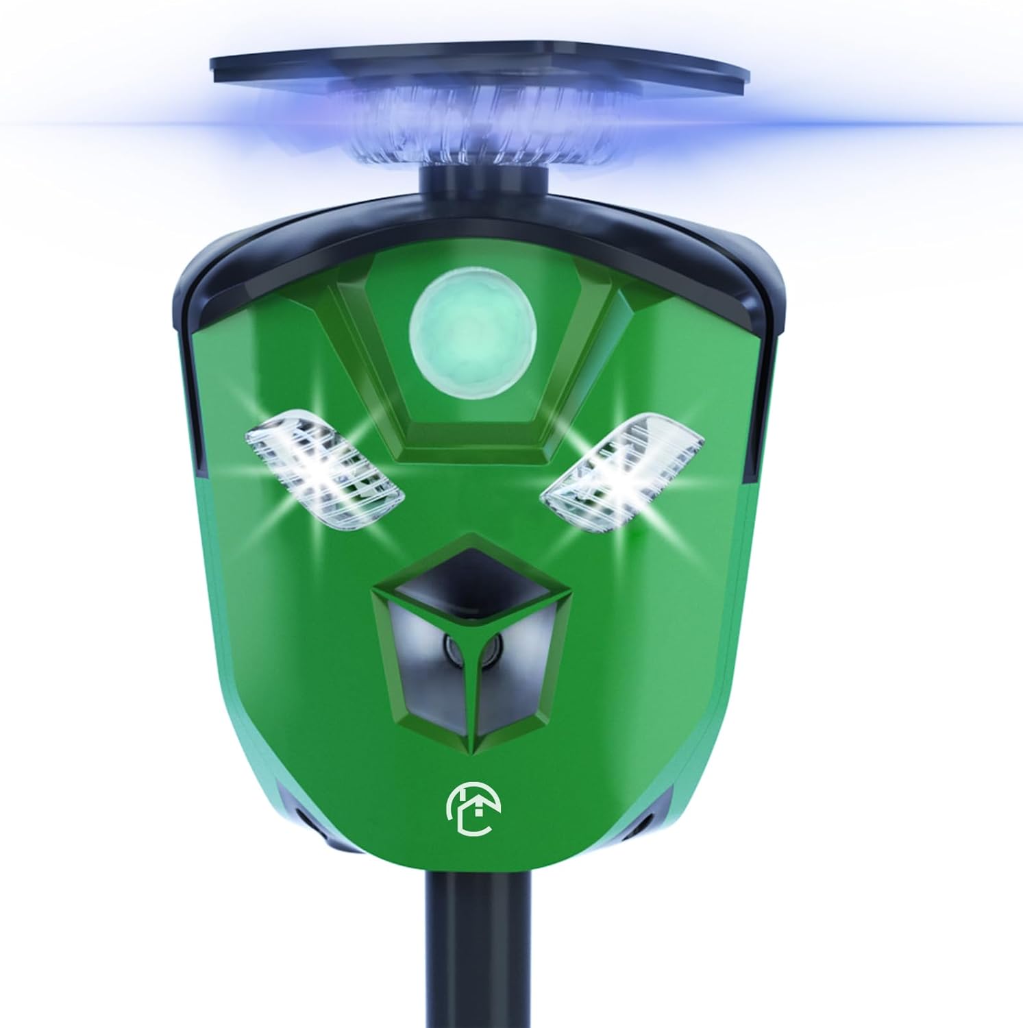 Outdoor Solar Powered Animals Repellent Motion Activated Cat Dog Repeller with Ultrasonic Sound and LED Lights Waterproof Deer Deterrent with 360° All-Round Protection for Yard Garden, Green