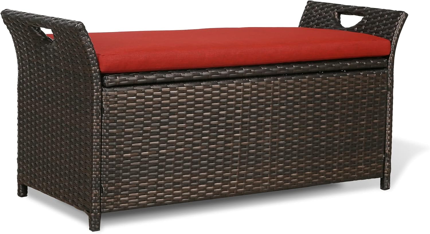 40 Gallon Outdoor Storage Bench Rattan Deck Box Patio Steel Frame Wicker Storage Container with Cushion, Red NPT-900004