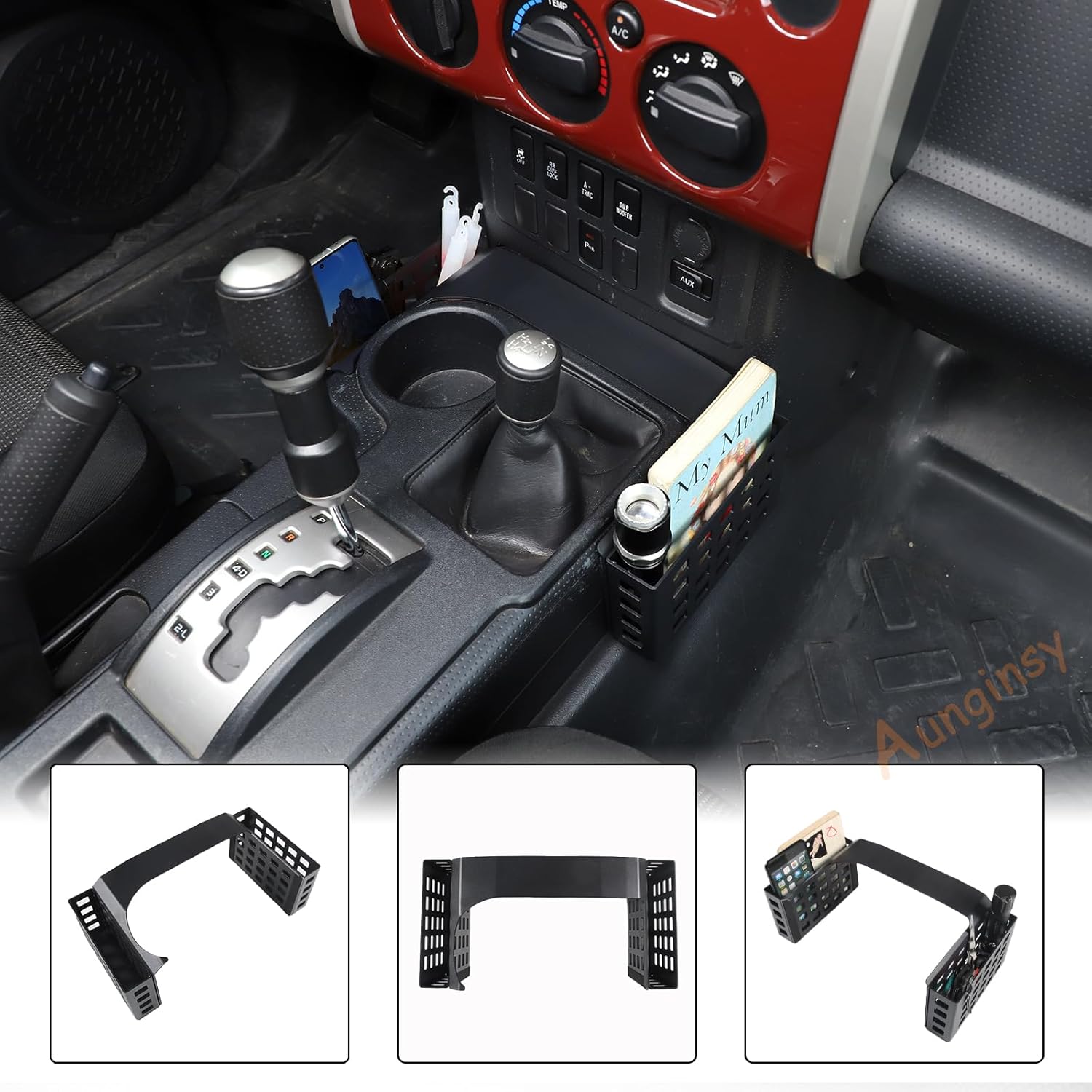 Aunginsy Center Console Gear Storage Box Basket Fit Toyot@a FJ Cruiser 2007-2024 Aluminum Gear Shift Side Storage Baskets Center Console Organizer Tray Armrest Storage Box Basket Interior Accessories