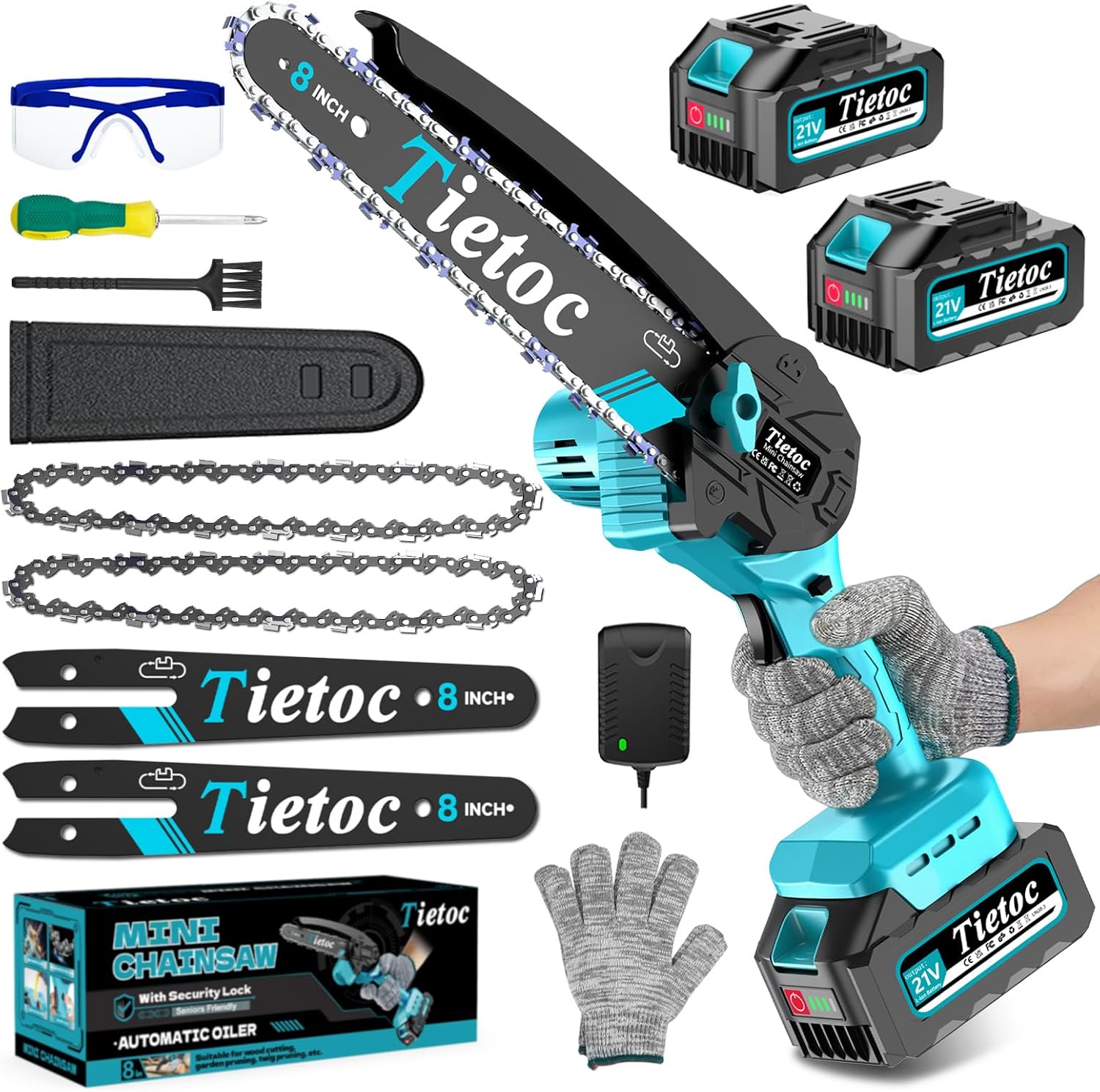 Tietoc Mini Chainsaw 8 inch Cordless with 2x 4000mAh Batteries, Battery Powerd Chain saw with Oiler, Lightweight Handheld Saw for Household & Garden, Gifts for Men, Dad, Husband, Gardener and DIYer