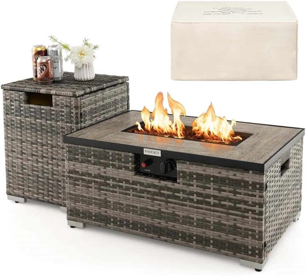 Pemberly Row 32''x 20'' Propane Fire Pit Table Set w/Side Table Tank Gray