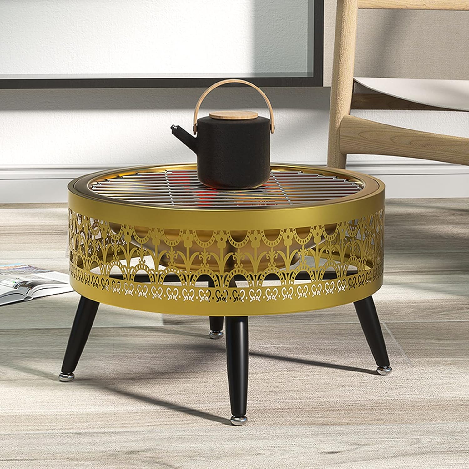 LXLZYXSF Gold Porch Patio Fire Pit, Modern Round Living Room Wood Burning Fire Basin Bowl, Camping, BBQ, Travel, Bonfire Party, Picnic (Color : B, Size : 52.5cm/20.6inch Wide)