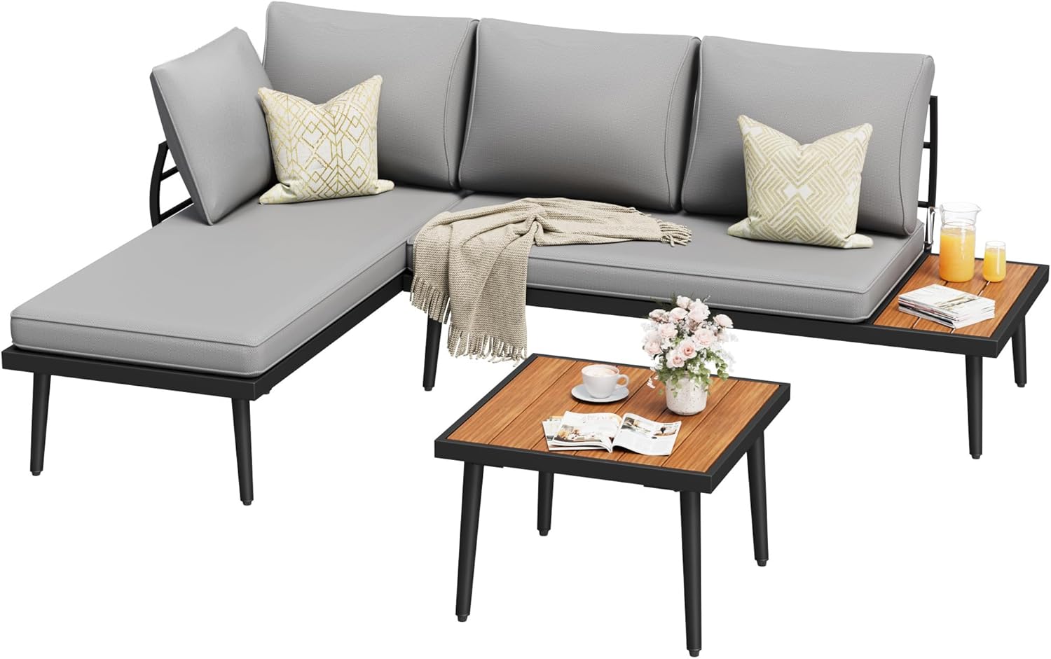 Greesum Outdoor Sectional Sofa Set L-Shaped Metal Patio Furniture with All-Weather Cushions and Built-in Side Coffee Table for Garden, Lawn, Backyard, Poolside, Gray