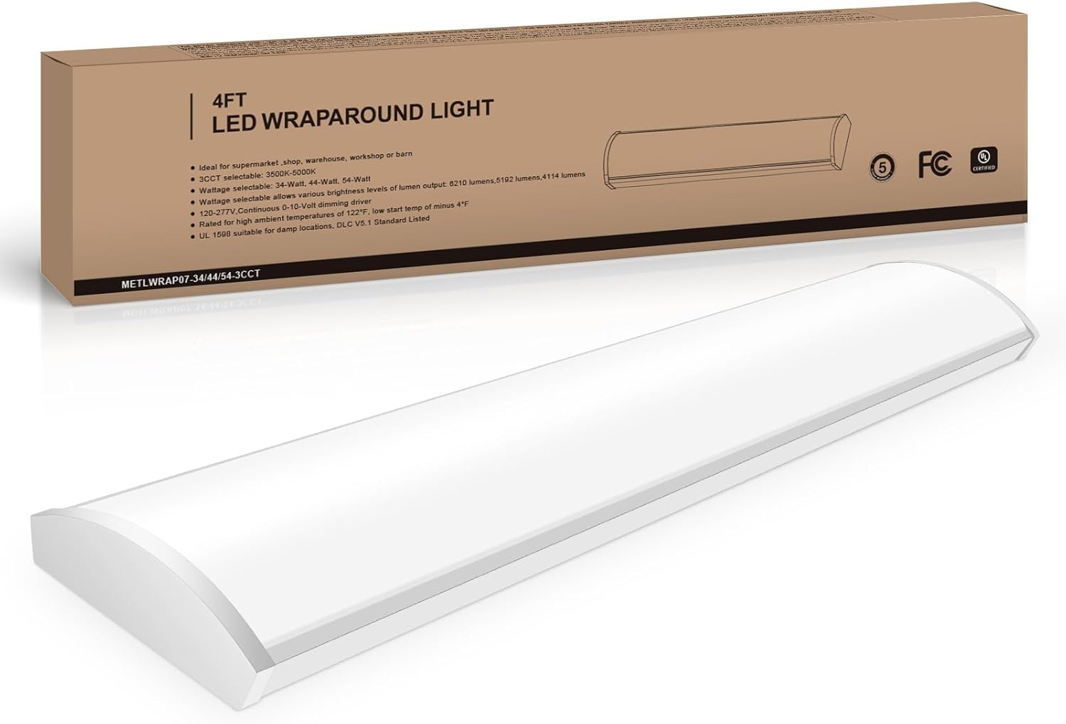 4FT LED Wraparound Light Fixture, 48 inch Kitchen Lighting Fixtures Ceiling, 54W 6210LM,3500-5000K, 120-277V Commercial 4FT Led Light Fixtures for Laundry Room,Closet,Garage,UL(0-10 v dimming!)