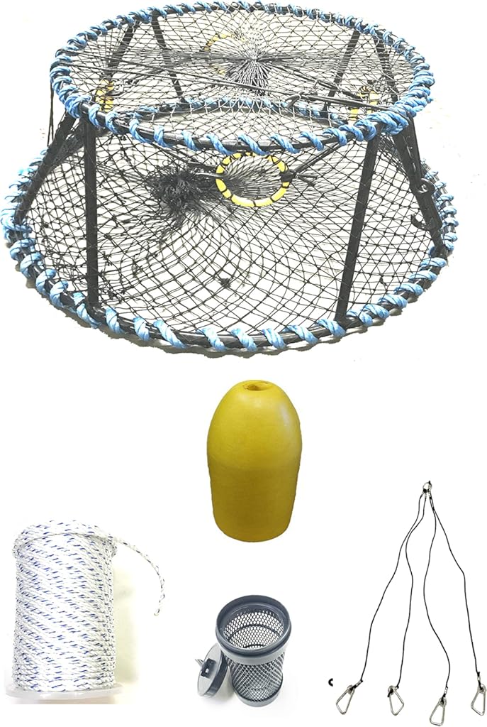 KUFA Sports Vinyl Coated Heavy Duty Tower Style Prawn Trap with 400' Rope, Yellow Float, Vented Bait Jar & Harness Combo (CT130+PAM16+HA5)