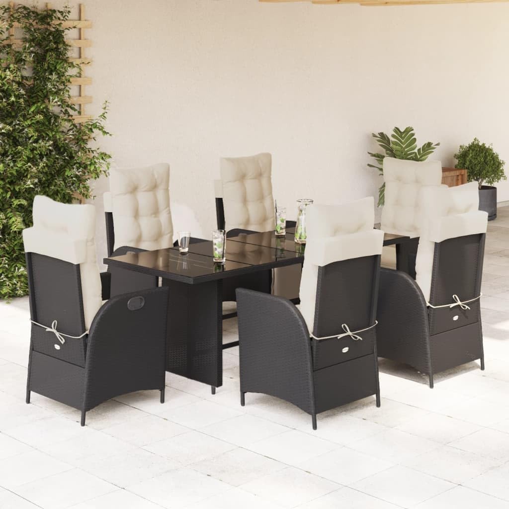 7 Piece Patio Dining Set with Cushions Black Poly Rattan,Outdoor Garden Dining Set with Adjustable Recliners and Glass Tabletop Furniture Sets for Patio, Lawn & Garden