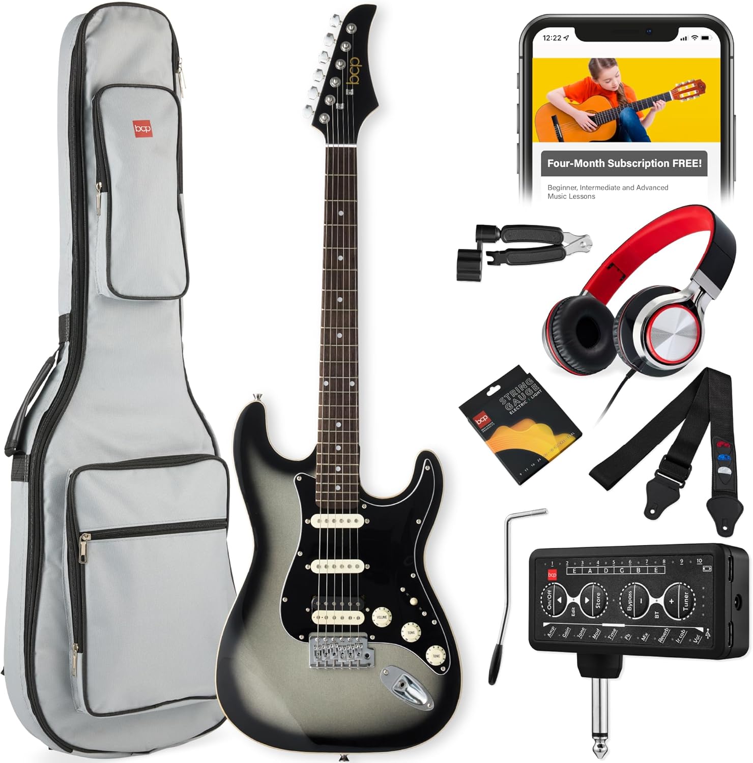 Best Choice Products Beginner HSS Electric Guitar Kit w/Headphone Amp, Padded Gig-Bag, Headphones, Guitar Strap - Silverburst/Black