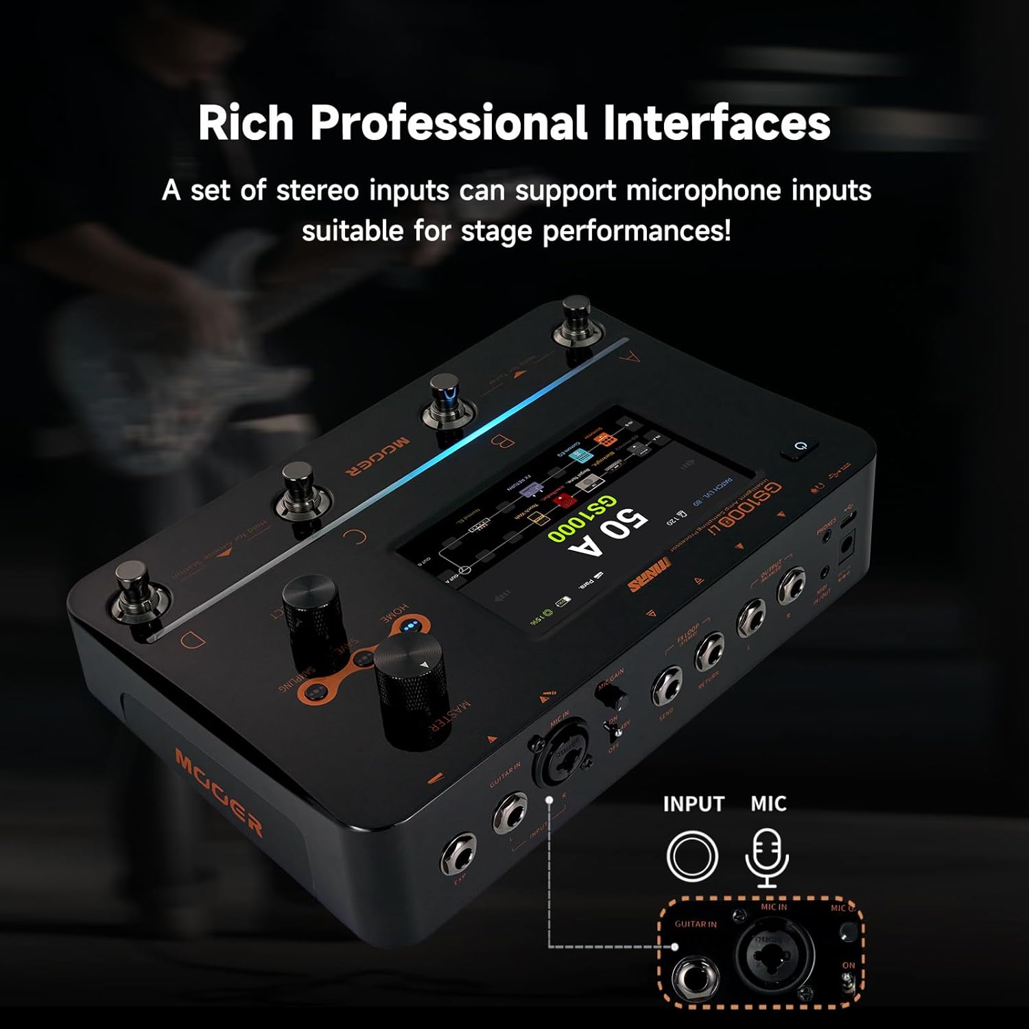 MOOER GS1000 Li Guitar Multi-Effect Processor Amp Sampling Dual Effects Chains with XLR Mic Input, Touch Screen, and 350+ Effects, Electric Guitar Pedal with 120 Sampling Slots, MIDI Port, Battery