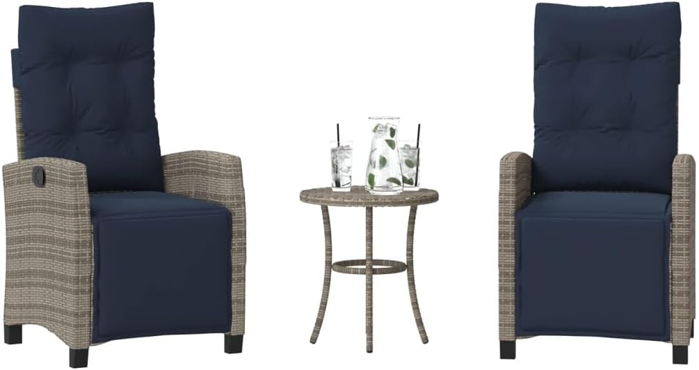 3 Piece Bistro Set with Cushions Gray Poly Rattan,Comfortable Patio Bistro Set with Reclining Chairs, Adjustable Backrests, and Washable Cushions for Outdoor Use Patio Furniture Sets