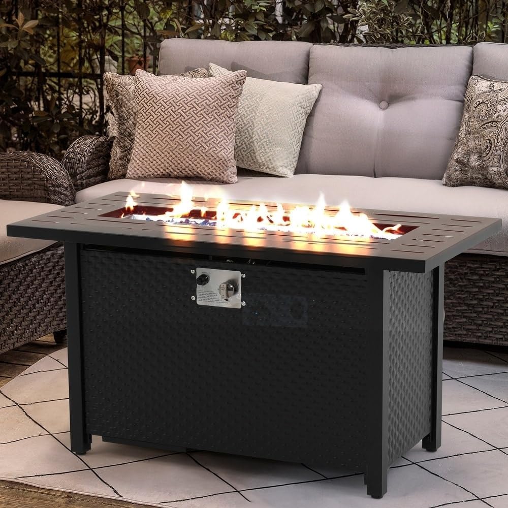 Outdoor Btu Rectangular 45â€ Propane Fire Pit Table with Glass Wind Guard for Patio Deck Backyard Black Rectangle Abs Oak Finish