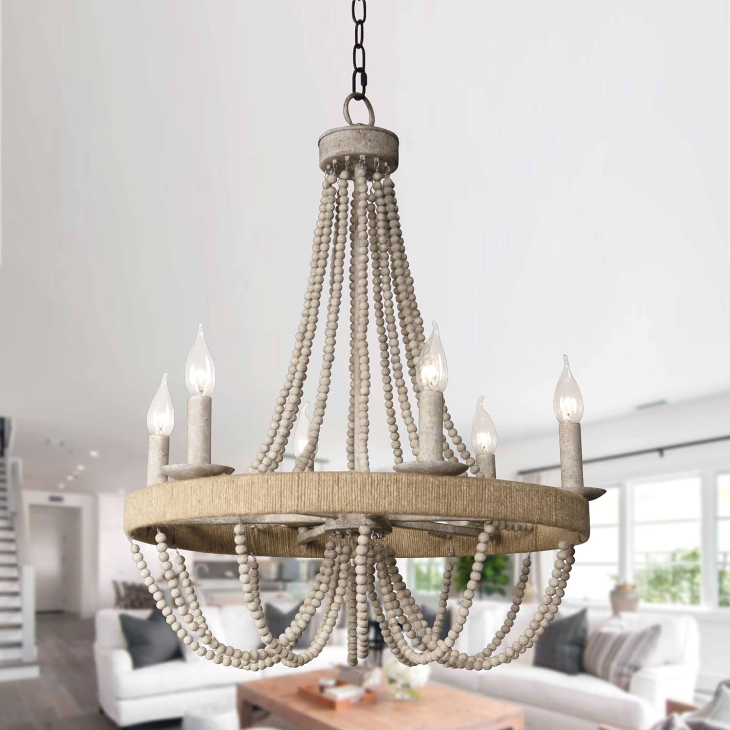 Chandeliers for Dining Room, Farmhouse Bohemia Chandelier Ceiling Light with Wood Beads, Rustic Hanging Light Fixture for Kitchen Living Room Entryway, Adjustable Chain (39.4