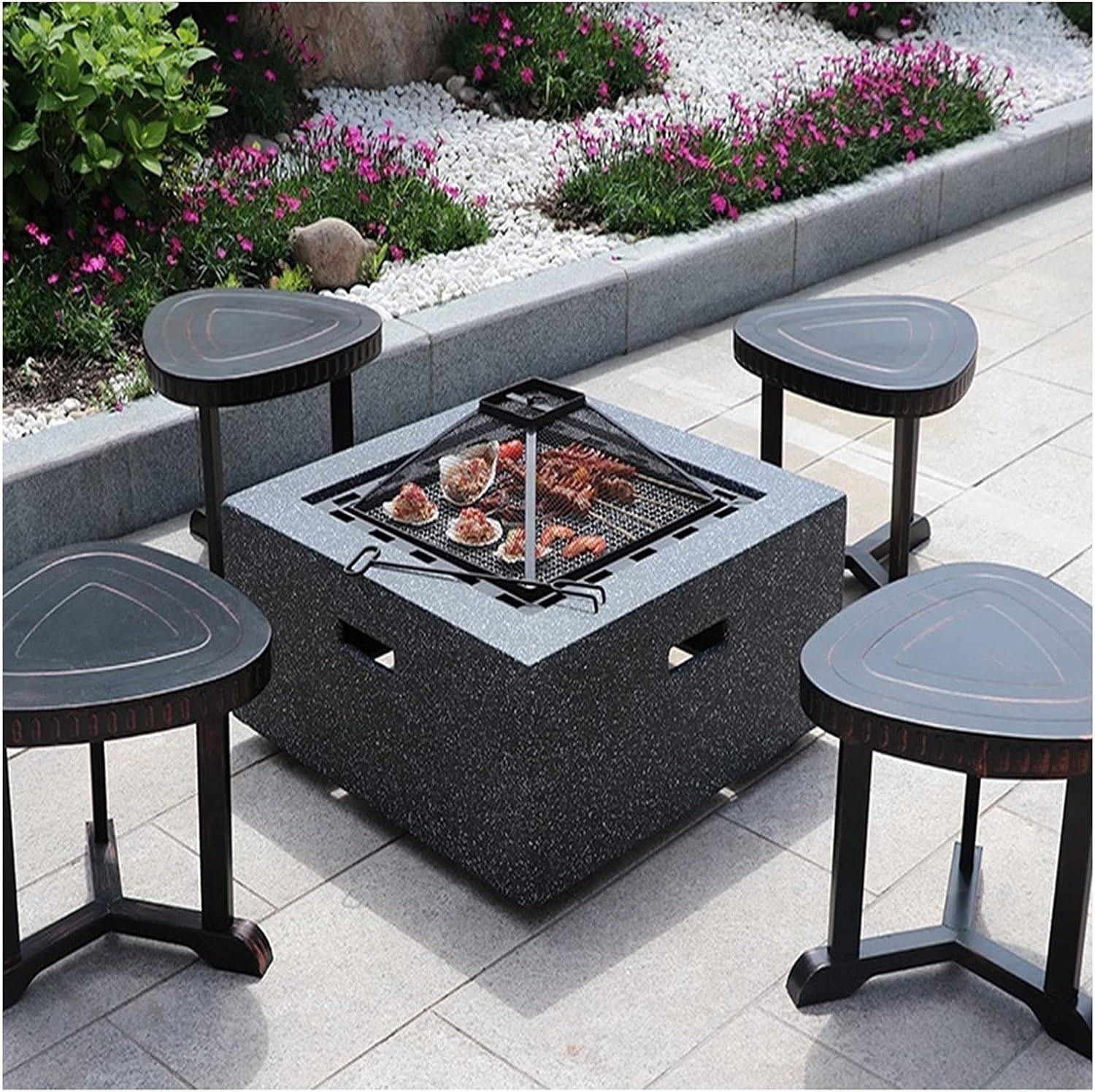 Outdoor Fire Pit Garden Wood-Burning Fire Pit Grill Table Set, Outdoor Backyard Patio Fireplace Fire Bowl, with Sparkle Screen Cover and Poker