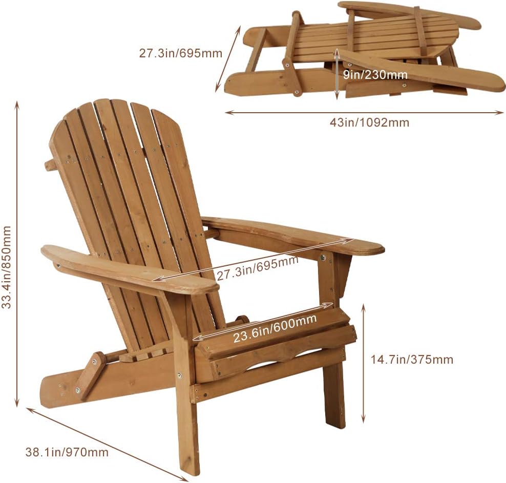 Adirondack Chair Patio Chairs Lawn Chair Folding Adirondack Chair Outdoor Chairs Patio Seating Fire Pit Chairs Wood Chairs for Adults Yard Garden w/Natural Finish