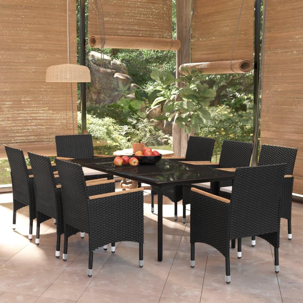 9-Piece Outdoor Dining Set, Black PE Rattan Patio Furniture, Powder-Coated Steel Frame, Rectangular Table & 8 Chairs for Garden, Balcony