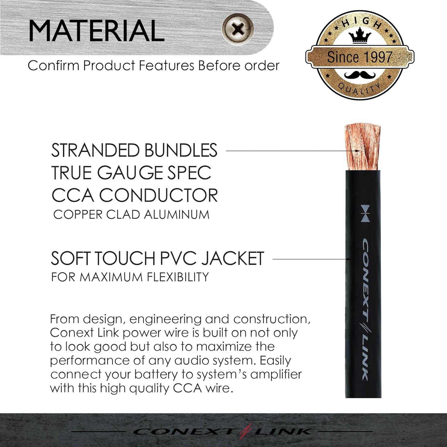 Conext Link 25 ft Feet Frost Black 1/0 Gauge Amplifier Power Ground Wire 0 GA Battery Cable （10823）