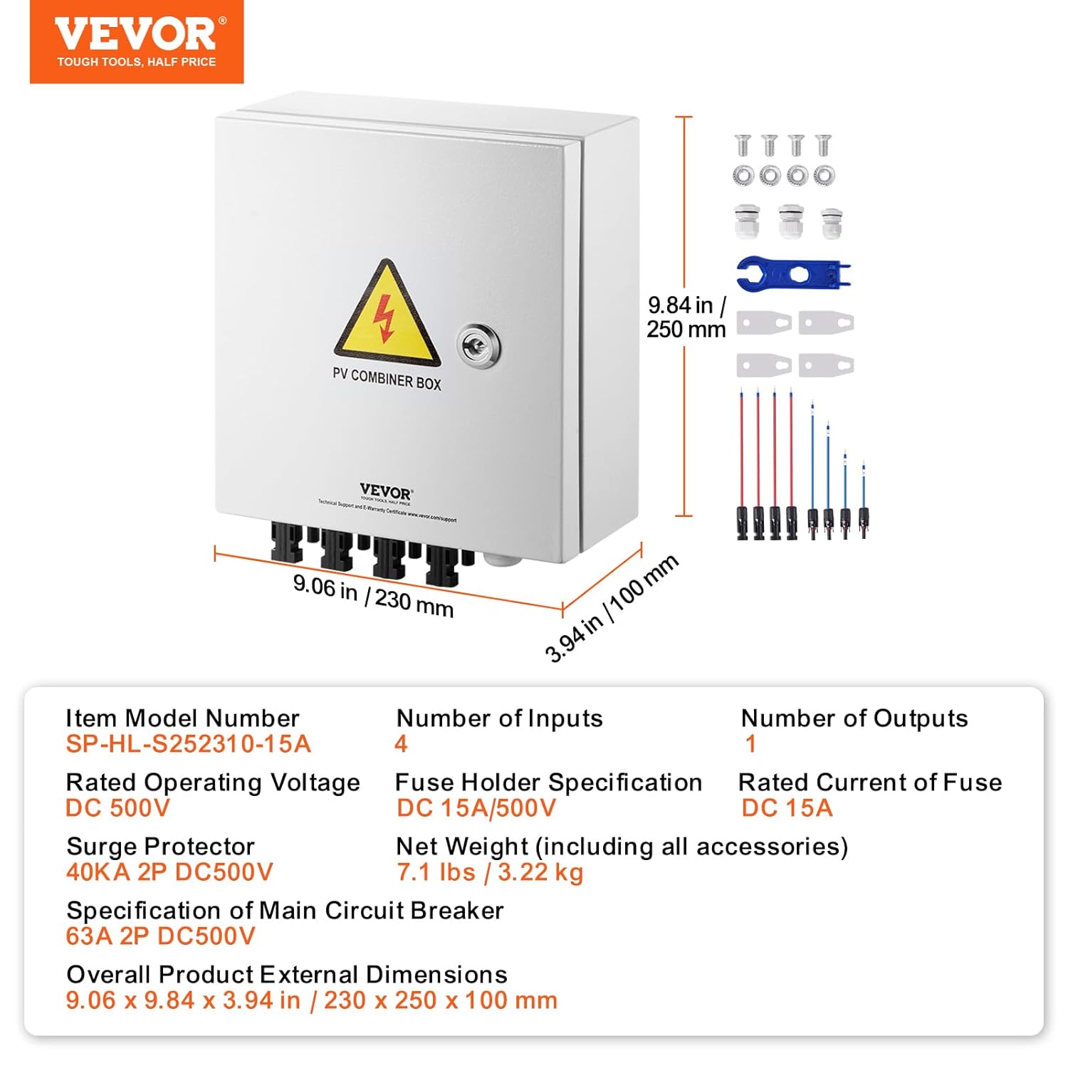 VEVOR PV Combiner Box, 4 String Metal Solar Combiner Box with 15A Rated Current Fuse 63A Circuit Breaker Lightning Arrester, Steel Case for On/Off Grid Solar Panel System, IP65