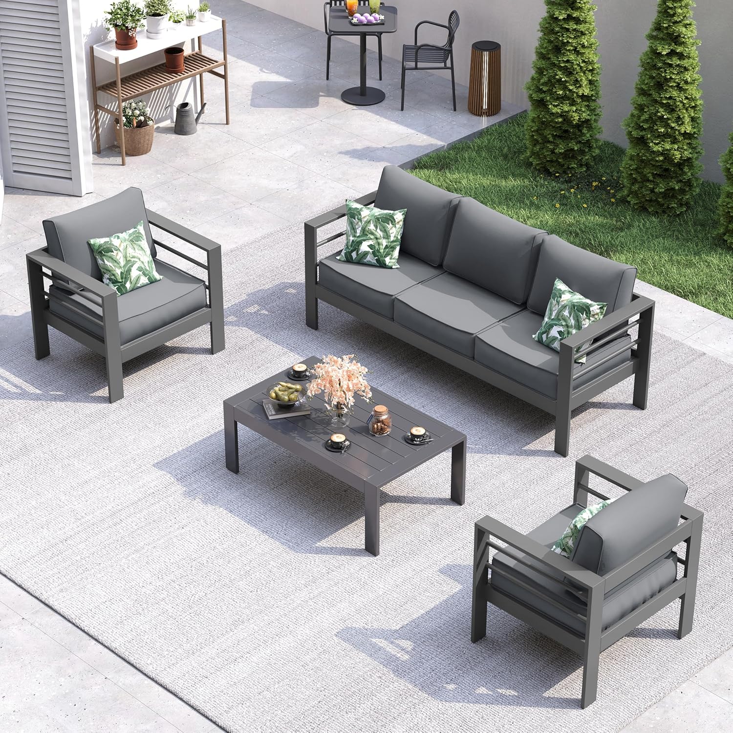 UDPATIO 6 Piece Aluminum Patio Furniture Set, Oversized Modern Outdoor Furniture Set with Olefin Fabric Cushion for Patio Deck Backyard, Dark Grey(with Waterproof Covers)