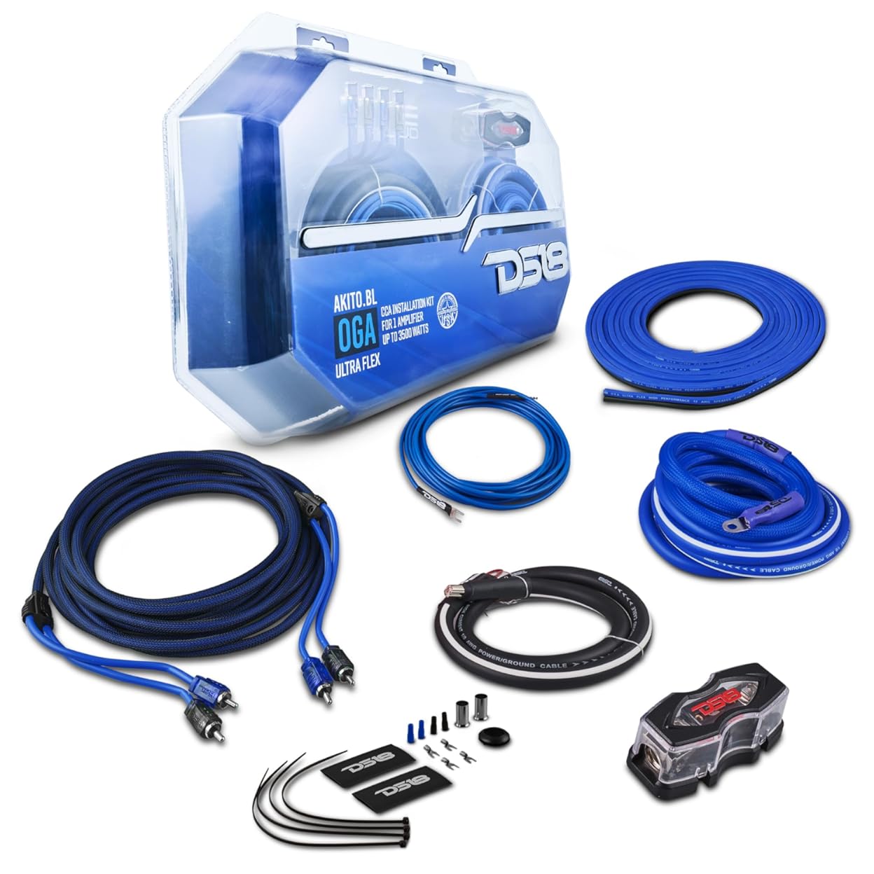 DS18 AKIT0.BL 0-GA Amplifier Installation Wiring Kit with Fuse Holder 250A, Up to 3500 Watts RMS, Ultra Flex Wire, Amp Wire Kit, Amp Wiring Kit 0 Gauge - Blue