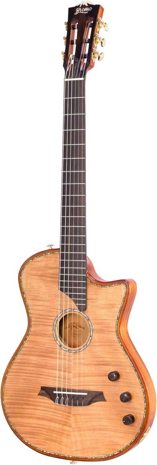 Bromo BEN2C Electric Nylon String Guitar, Thinline Fully Chambered Semi-Hollow Body Slim Neck Dual Pickup Stage Live Performance Fusion Classical Guitar with Hard Case (Natural)