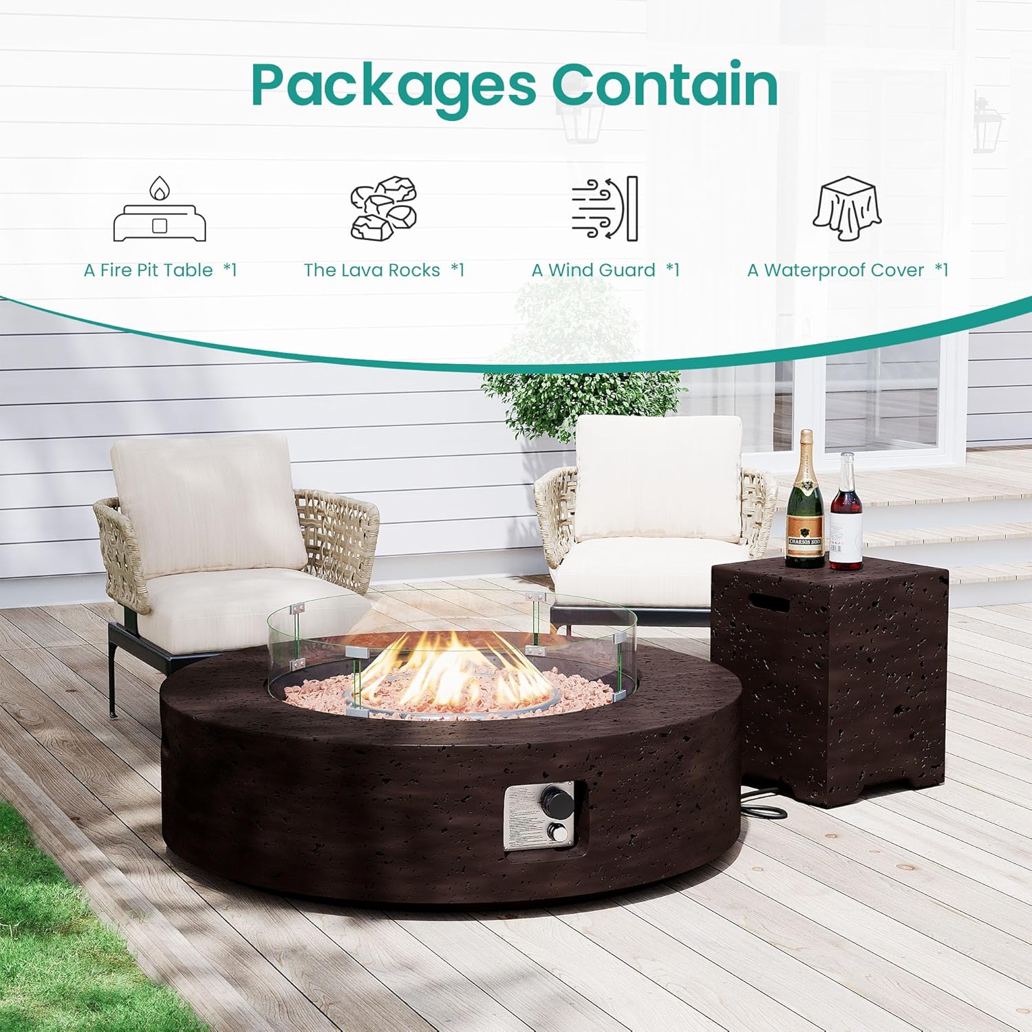 SUNBURY 42in Round Propane Outdoor Fire Pit, Gas Patio Fire Table, CSA Certified, 50,000 BTU Circular Base Firepit with Lava Rocks, Wind Guard, Propane Tank Cover, Waterproof Cover (Brown)