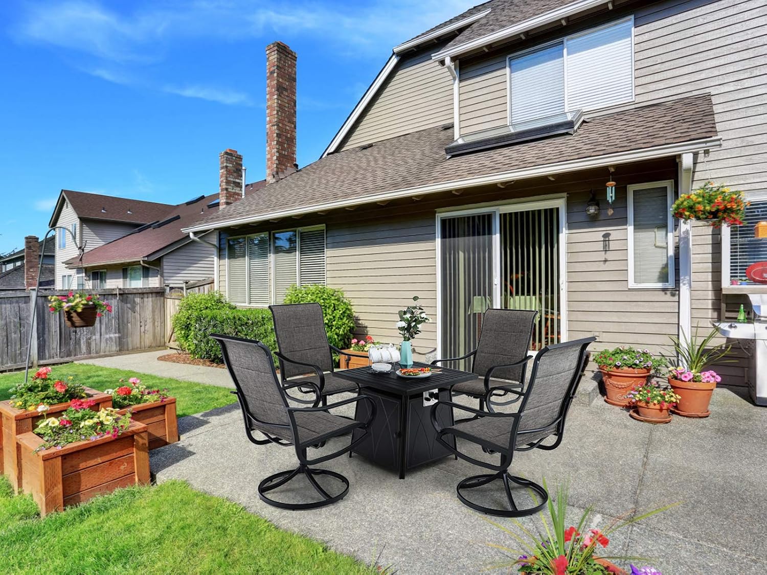 MFSTUDIO 5 Piece Outdoor Patio Conversation Furniture Fire Propane Pit Set，4 Textilene Quick Dry Foam Padded Swivel Chairs and 28 inch Steel Striped Square Fire Table for Patio, Porch, Backyard,Black