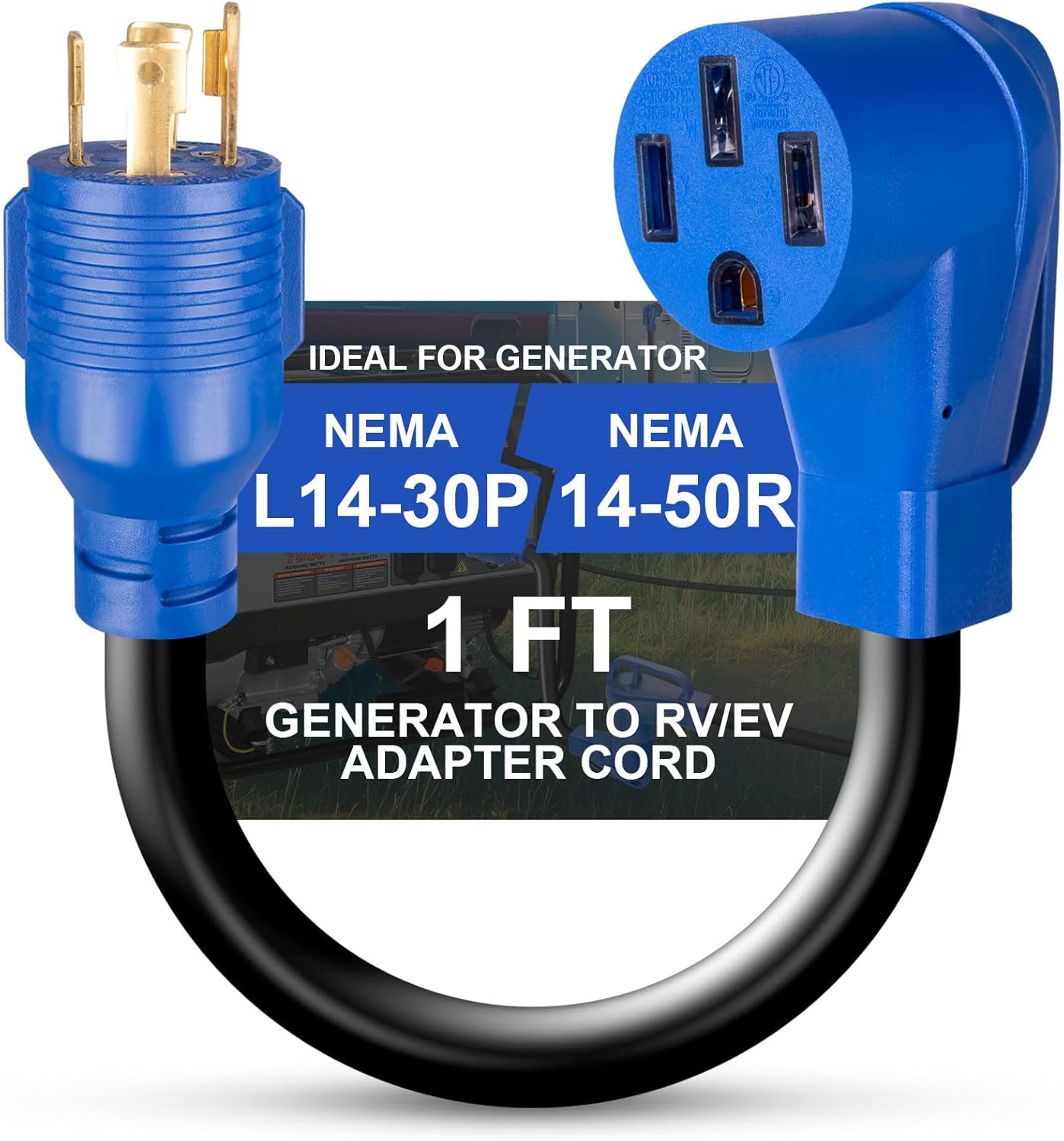 50 Amp RV Extension Cord 10 ft, NEMA 14-50P to SS2-50R Cable with Power Indicator& Polarity Lamp, 4 Prong 30A to 50A Generator Adapter Cord, NEMA L14-30P to 14-50R