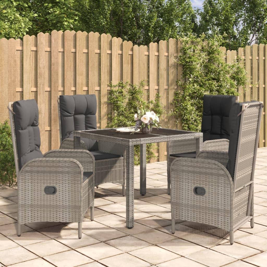 Garden Dining Set Grey Poly Rattan 5 Piece, Adjustable Armrests, Weather-Resistant Outdoor Table and Chairs for Patio, Balcony