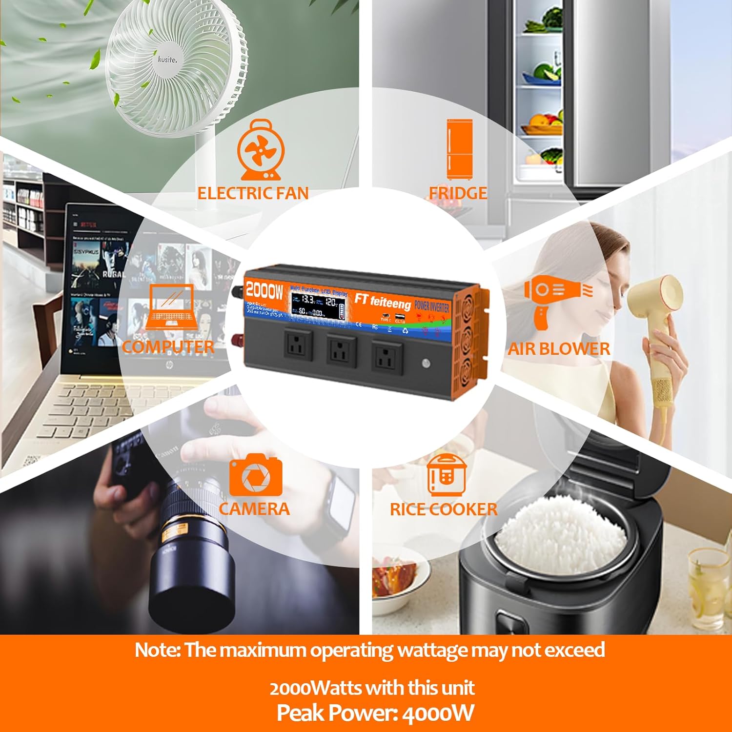 2000W Power Inverter 12v DC to 110v 120v AC with Remote 3 AC Outlets, USB Port, Dual Smart Fans, Cables Included LCD Display Power Inverter for Vehicle for Rv Truck Camping & Home Emergency Use