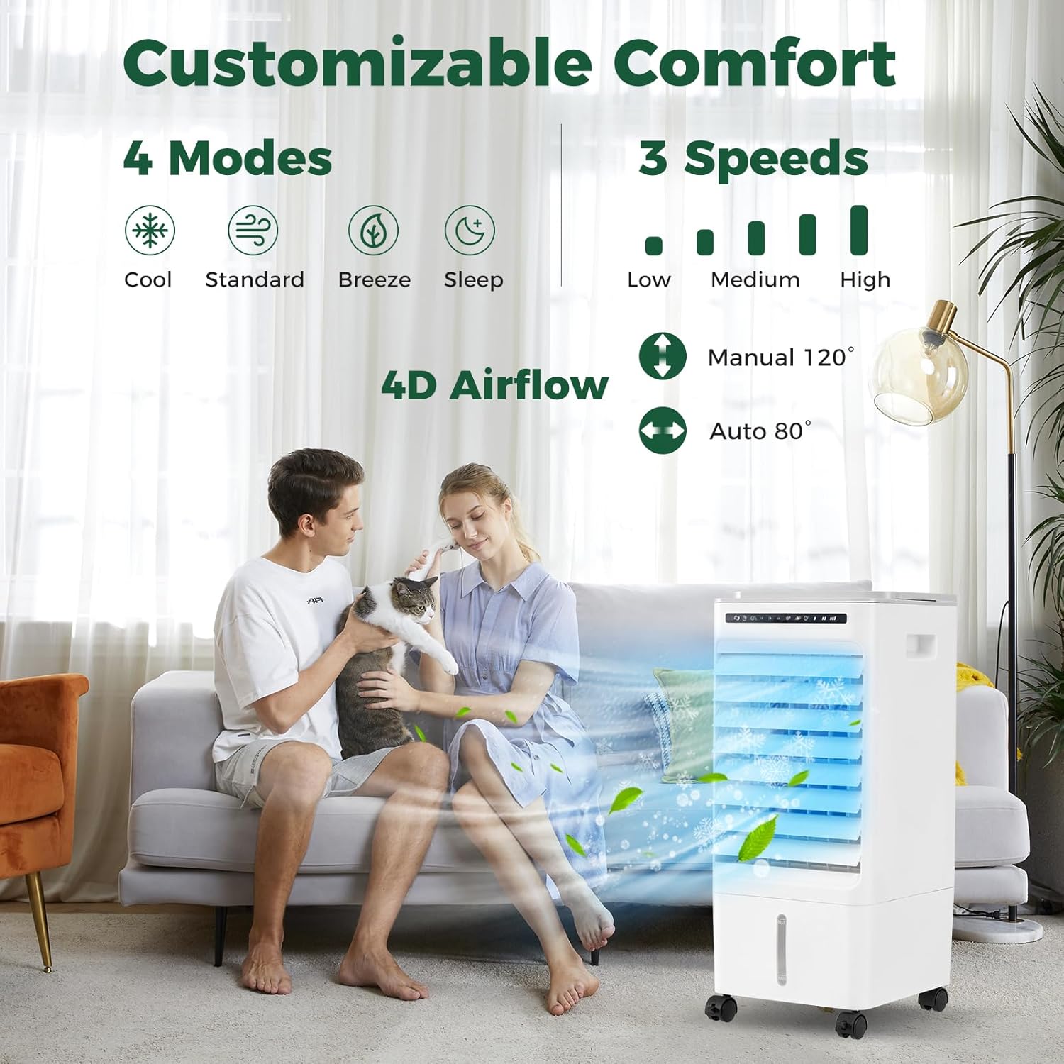 KOTEK Evaporative Air Cooler, 3-In-1 AC Fan with Humidifier, 3 Modes, 3 Speeds, 7H Timer & 1.6 Gal Water Tank, Remote Control, Led Display, Fast Cooling Air Cooling Fan for Home & Office