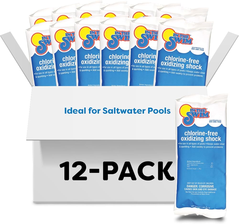 In The Swim Chlorine-Free Pool Shock – Quick Dissolving, Fast-Acting, Shock-Oxidizer for Swimming Pools, Spas, and Salt Chlorinated Pools Compatible - 12 x 1 Pound Bags