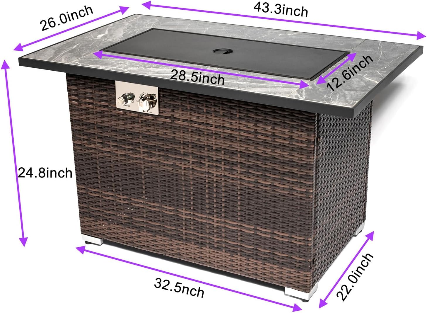 Propane Fire Pit Table, Outdoor Gas Fire Pit Rectangle 50000 BTU, 43 Inch Fire Table for Outside Patio with ETL-Certified, Auto Ignition, Ceramic Tabletop, Glass Wind Guard, Cover, Brown Wicker