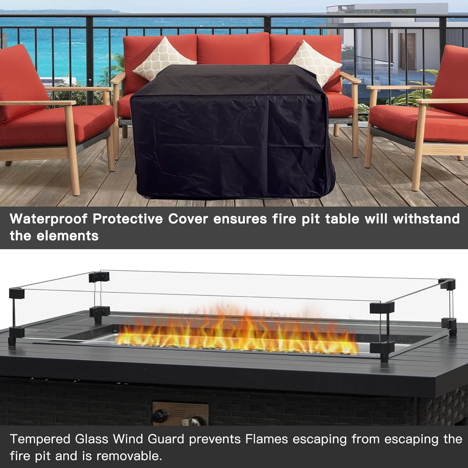 Domi 43’’ Wicker Patio Propane Gas Fire Pit Table 50,000 BTU CSA Certified Fire Table with Aluminium Wooden-Like Tabletop, Glass Wind Guard, Waterproof Cover Patio Backyard Garden Outdoor Indoor