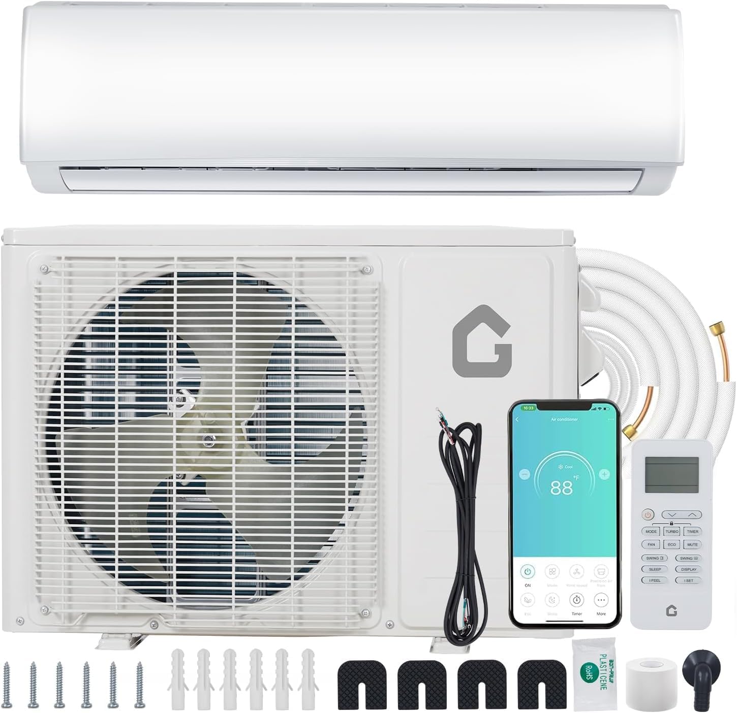 GarveeLife 18,000 BTU Mini Split Air Conditioner Heat Pump, 23 SEER2 High-Efficiency Inverter AC, Heats/Cools up to 1,250 Sq.Ft, 208V/230V, Smart WiFi Alexa Enabled, Easy Installation Kit – R45 Series