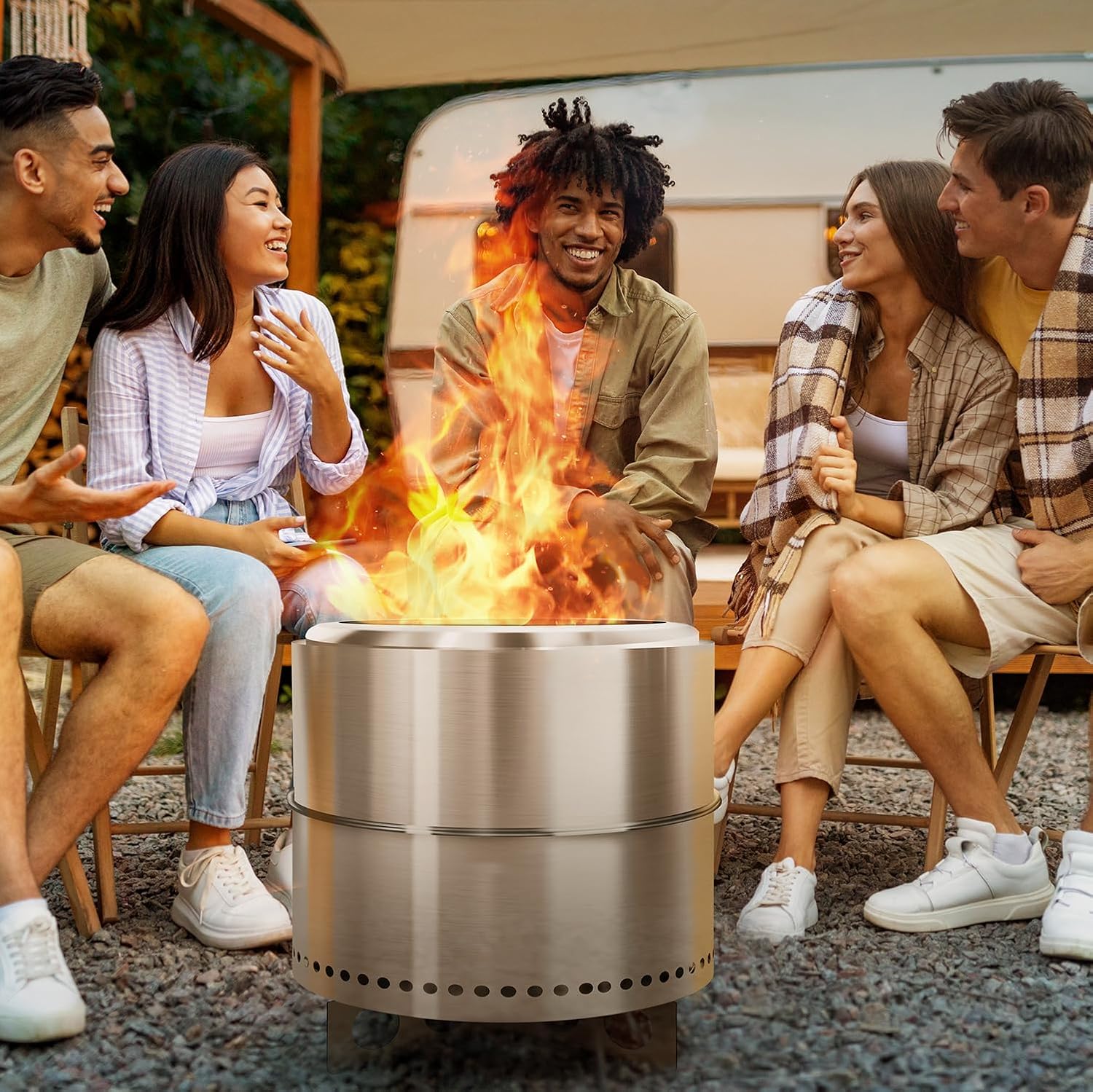 BRIOPAWS Large Smokeless-fire-pit Outdoor | 19 IN | 304 Stainless-Steel-Firepit | Portable Solo Fire Pits for Outside, Camping | Low Smoke Stove | Wood Burning Chimenea, Inclu. Bag, BBQ Forks, Handles