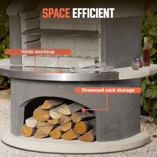 Concrete Outdoor Fireplace with Grill, Wood Burning Fireplace with Wood Storage and Chimney, Include Grill Rack & Charcoal Pan, 81.9”H