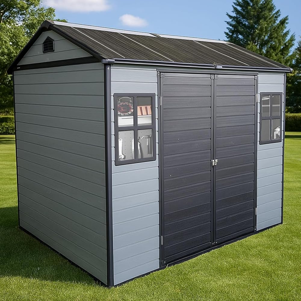 8x6 FT Resin Storage Sheds Outdoor with Floor Included, Plastic Sheds & Outdoor Storage Clearance with 2 Windows and Lockable Door, Backyard Storage Sheds for Bike, Garden Tools, Black+Grey