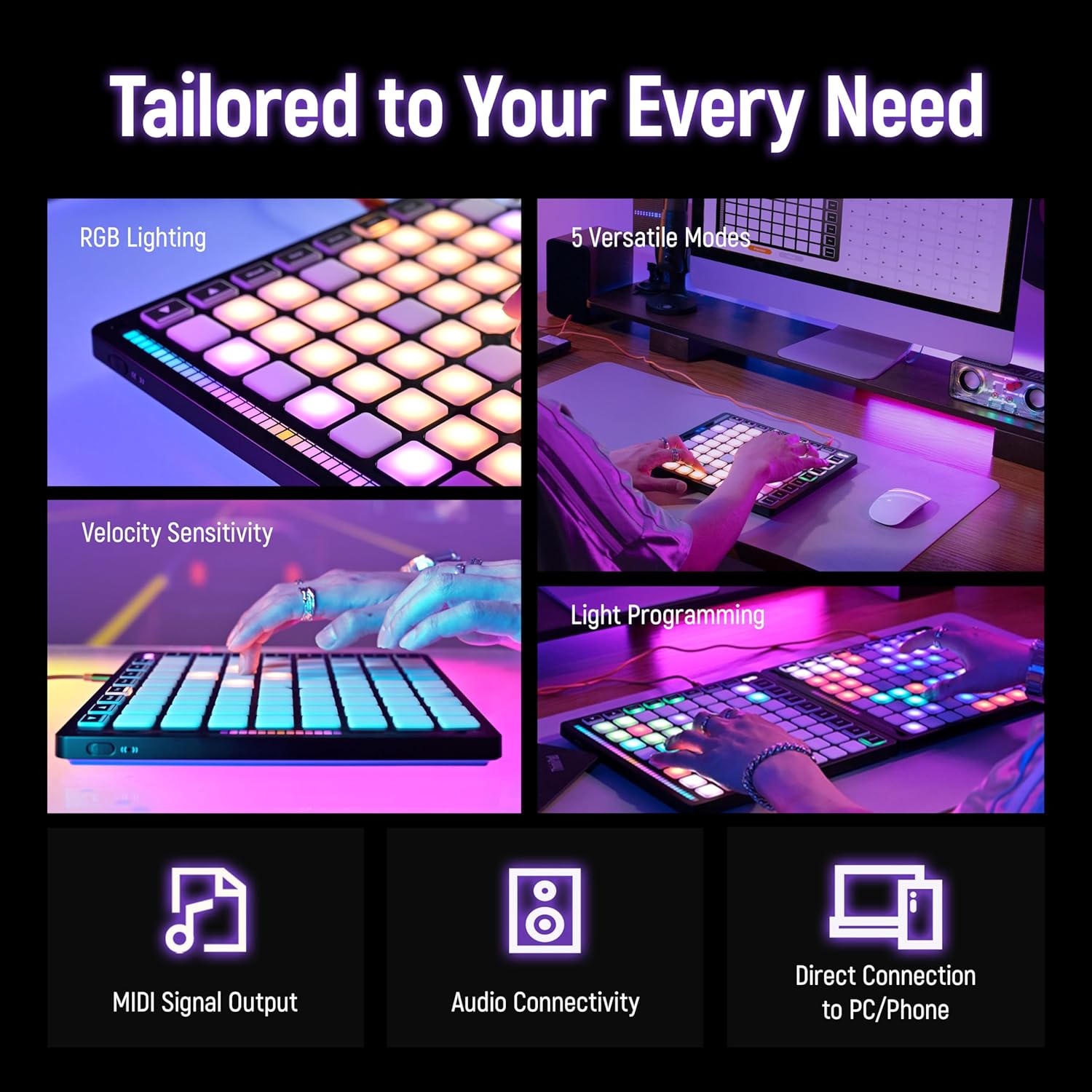 Synido Wireless Audio Interface Live Sound Card and MIDI Pad Beat Maker Machine with 64 Velocity Sensitive RGB Pads
