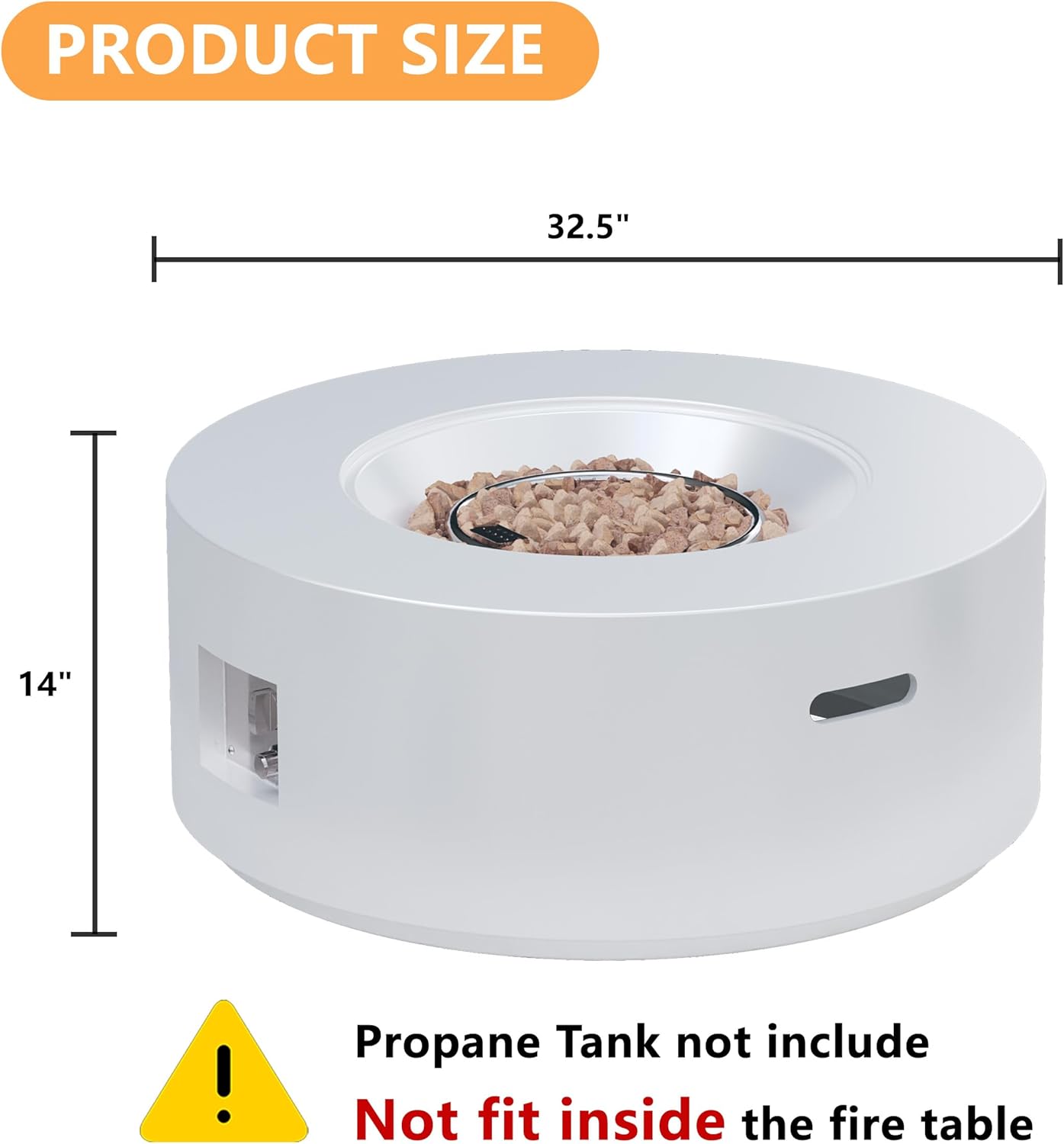32 inch Round Propane Fire Table, 50,000 BTU Gas FirePit, Patio Fire Pit Table with Steel Lid, Rain Cover, 10ft Propane Hose, Lava Rocks, White
