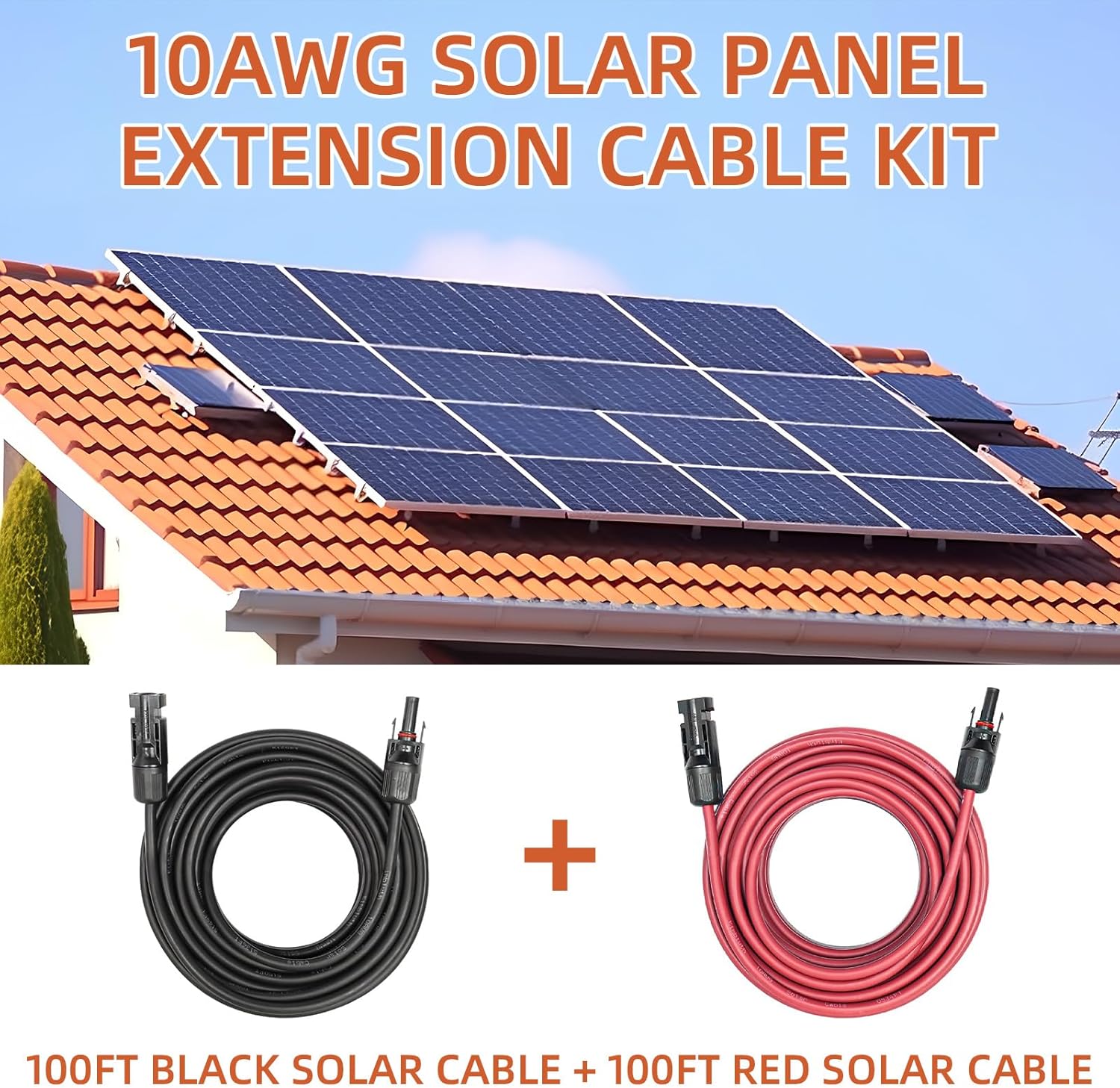 10AWG Solar Panel Extension Cable - 100FT Red + 100FT Black with Female and Male Connectors for Home, Boat, and RV Solar Panels