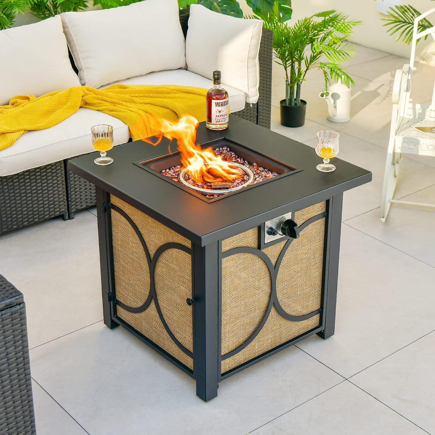 Giantex 28” Outdoor Fire Pit Table - 50,000 BTU Square Metal Fire Table with Lid, PVC Cover, Glass Stones, CSA Approved, 2-in-1 Ignition Propane Gas Fire Table for Outside Patio Garden Backyard Deck