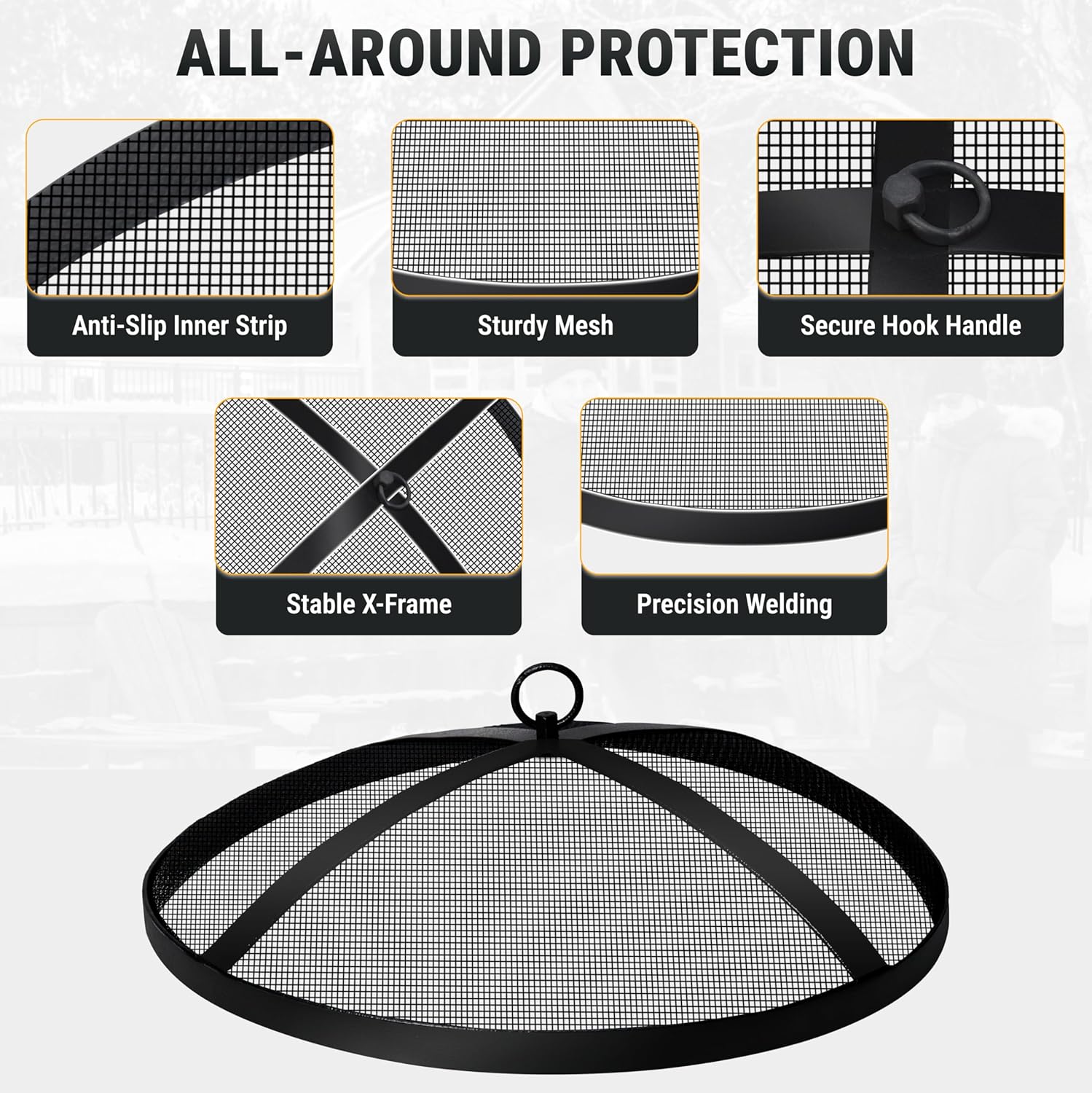 Fire Pit Spark Screen- Heavy Duty Fire Pit Screen 36 Inch Round with Hook Handle—Powder Coated Domed Outdoor Round Patio Mesh Firepit Screens Guard for Outdoor/Patio/Backyard/RV Camping/Beach