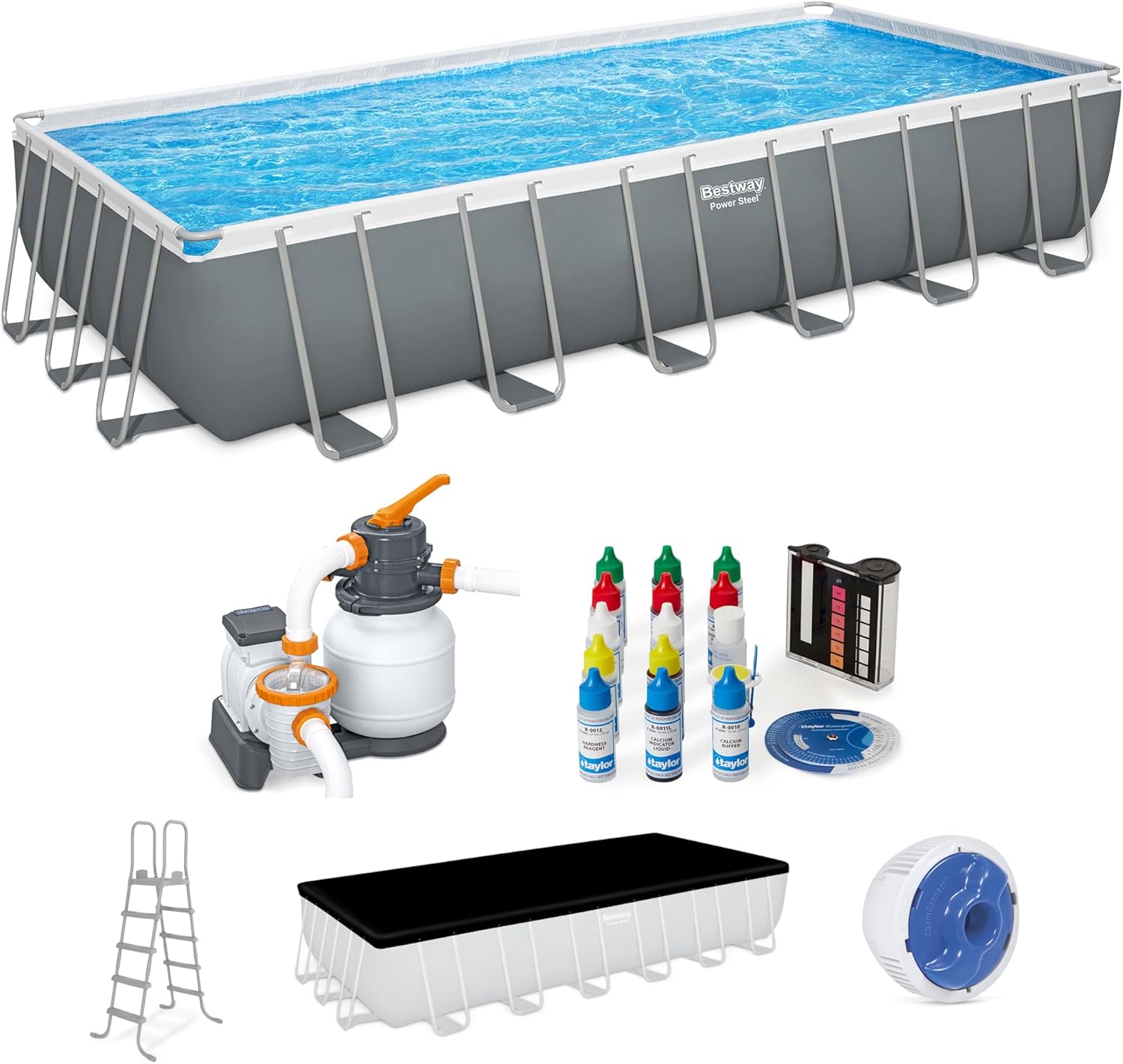 Bestway 24ft x 12ft x 52in Rectangular Frame Family Swimming Pool and Test Kit with Alloy Steel, Heavy Duty PVC, Blue, Gray, and White